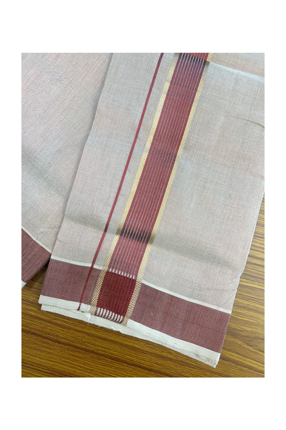 25% DISCOUNT! KaithariKada HANDLOOM MILLPAAV Balaramapuram - 100% PURE Cotton Off White (Unbleached) - Double Mundu/Dhoti - 2 inch Gold Kasavu striped kara & Maroon Tissue Body - 27KK5170RAM