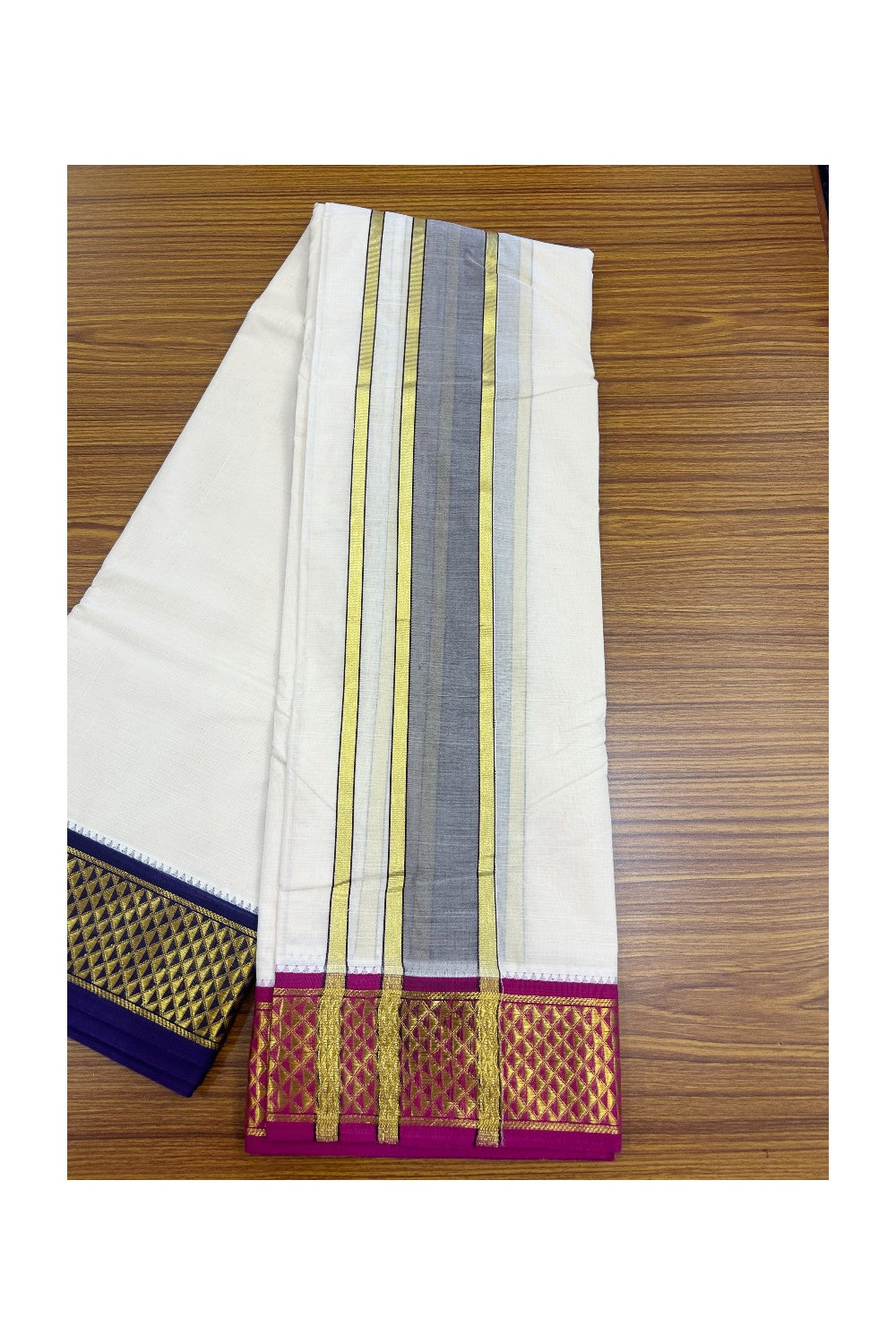 20% DISCOUNT! KaithariKada 100% Cotton Off White - (Unbleached) 100x100 thread - NORTH INDIAN- ATTACHED GAMCHA 9x5 Dhoti 2.75 inch Magenta & Deep Violet Kasavu border -25KK5196PMC