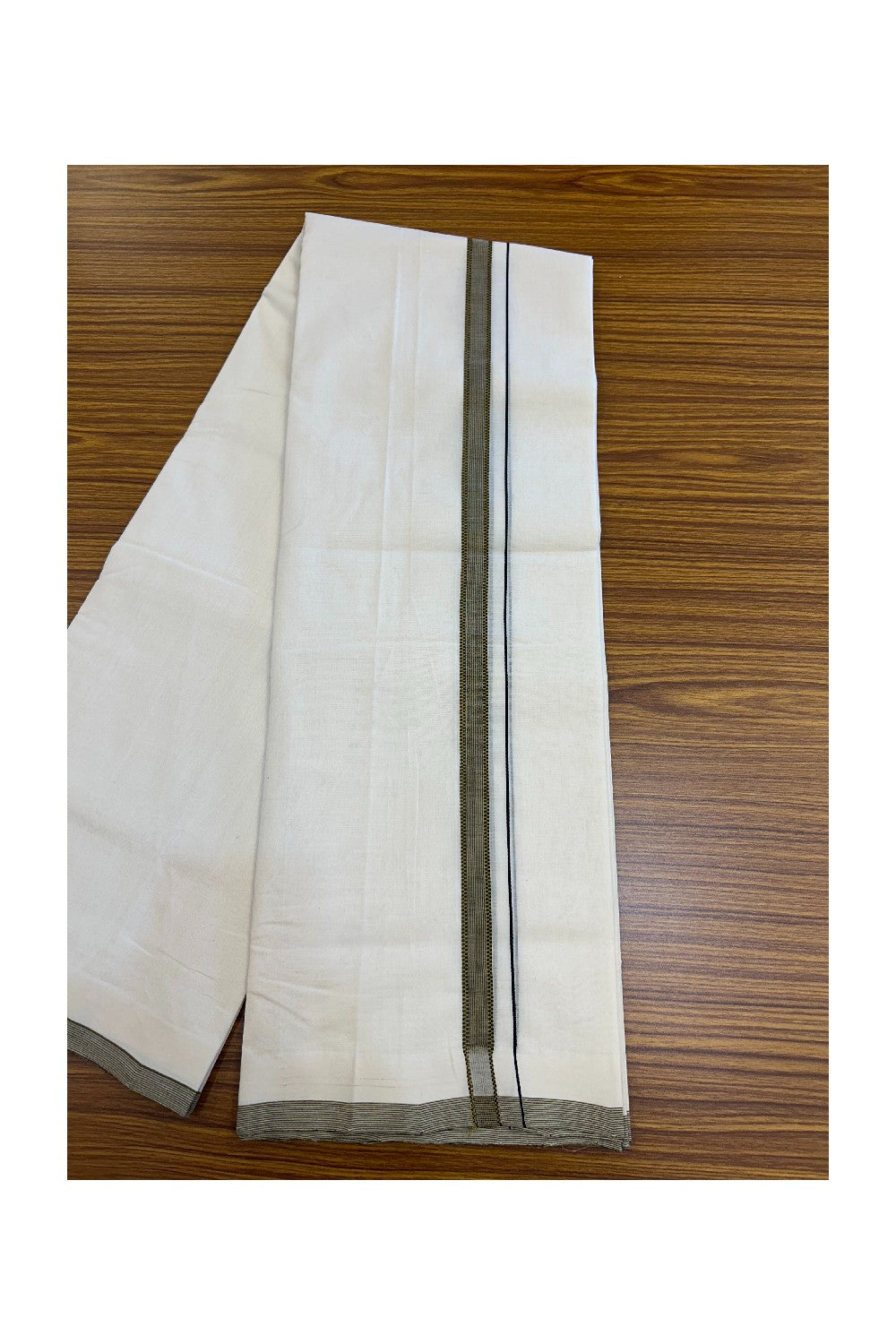 25% DISCOUNT!! KaithariKada HANDLOOM UNAKKUPAAV Balaramapuram - 100% PURE Cotton OFF White - (Unbleached) Double Mundu/Dothi - 80X100 - 0.75 inch Mustard Yellow & Black Striped Kara 3.80 meter (8.5 Muzham) - 25KK5209 REA