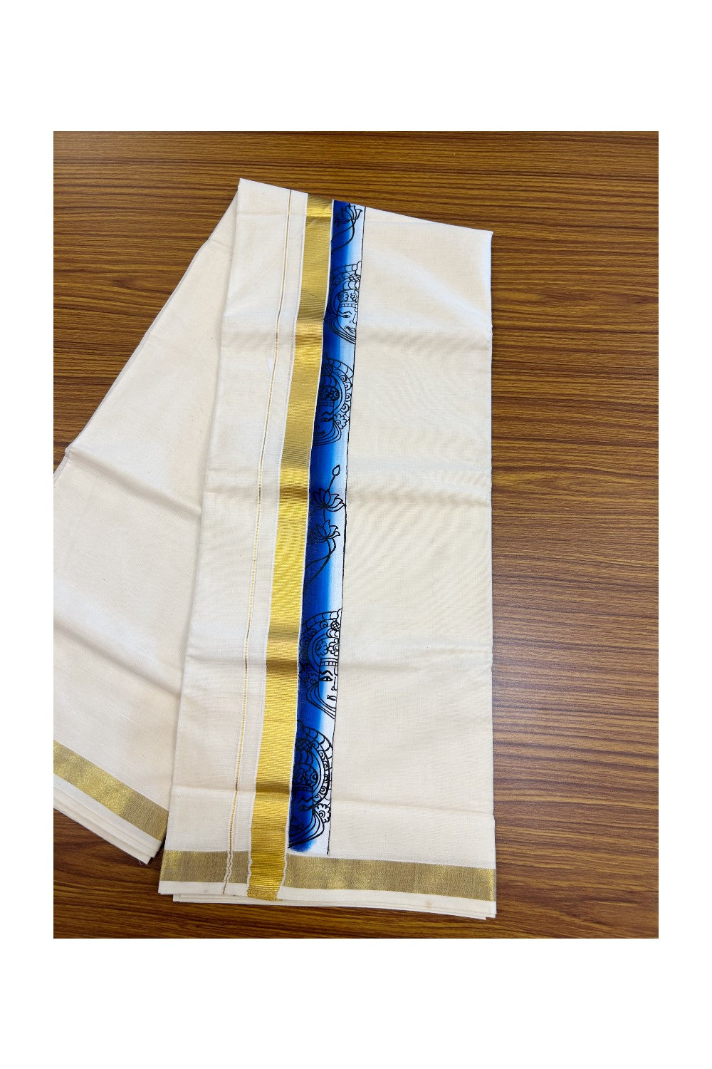 29% Discount! KaithariKada Balaramapuram 100% Cotton off white Double - (Unbleached) Mundu/Dhoti- 80x90 - Gold Kasavu HAND PAINT Dark Blue & Sky Blue Kathakali Flower Pattern 2.25 inch Kara - 25KK5212 VIN