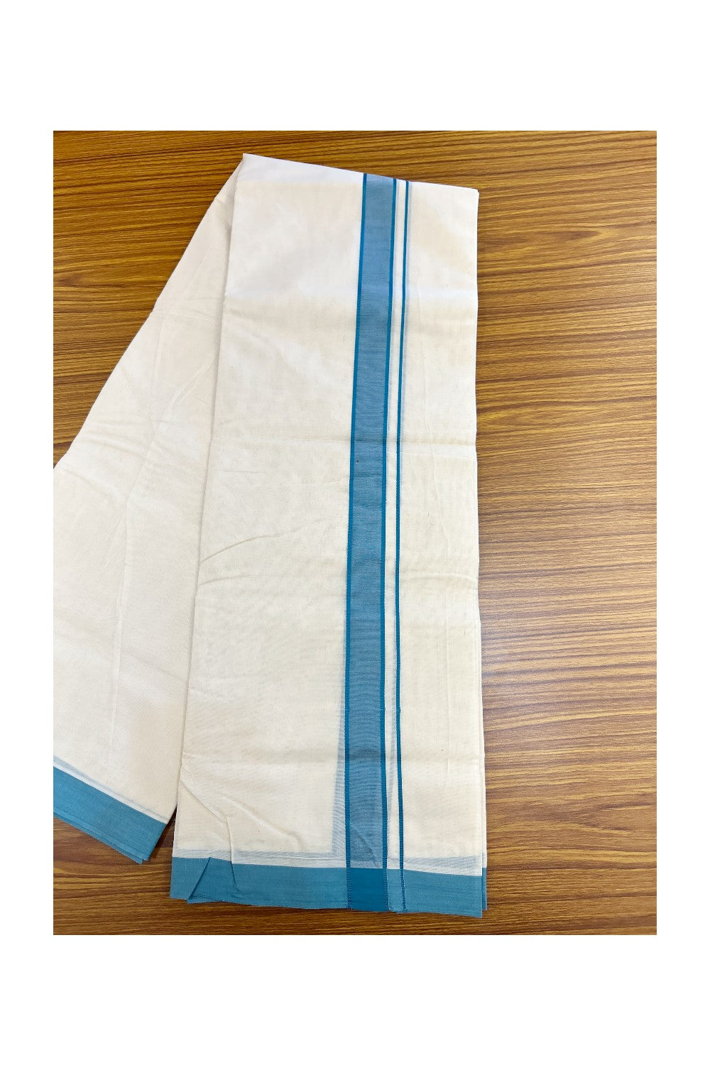 NEW !! 20% DISCOUNT!! KaithariKada Balaramapuram 100% Cotton Double Off white - (Unbleached) Mundu/Dhoti-100x80 - 1.25 inch Teal Blue Shaded KARA - 3.75 mtr (8 Muzham) - 25KK5218 ASH