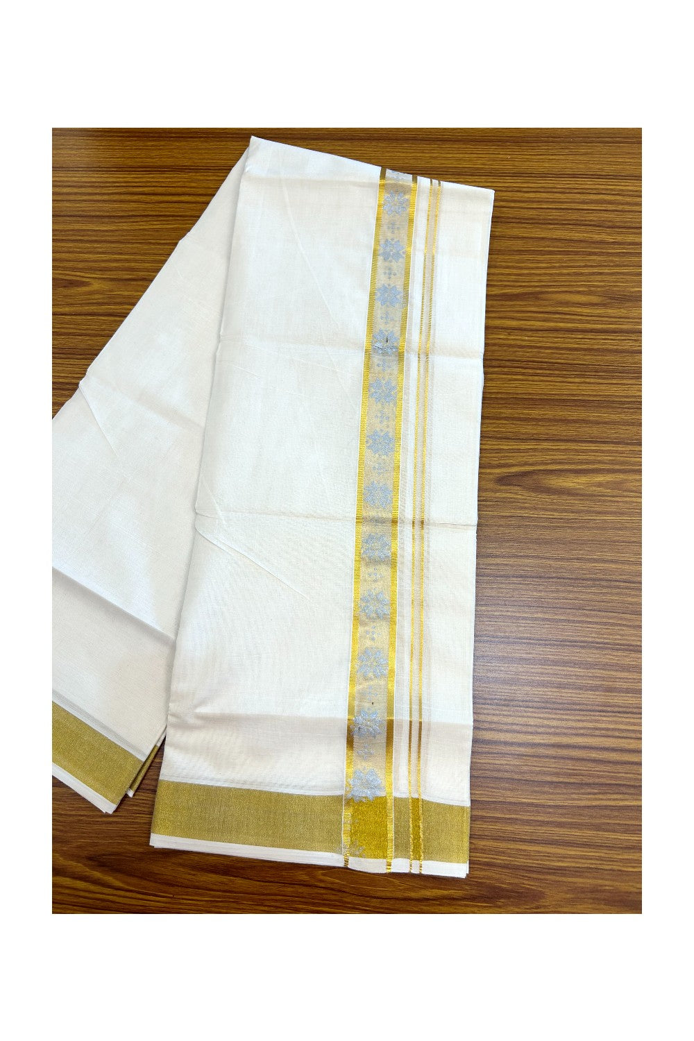 22% Discount!! KaithariKada Balaramapuram 100% Cotton DOUBLE OFF WHITE - (Ubleached) Mundu/Dhoti - 80x90 - 1.5 inch Gold Kasavu with Silver Floral Printed Design Kara - 25KK5219 GAN