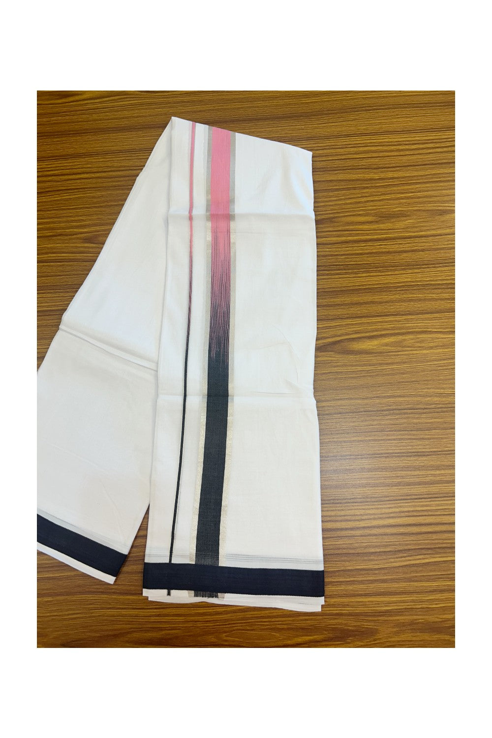 20% Discount!!! KaithariKada Balaramapuram Double PURE WHITE RAINBOW Mundu/Dhoti - 100X80 - 1.75 inch Silver Kasavu Pink & Black shaded Striped Designer Kara - 25KK5220 THI