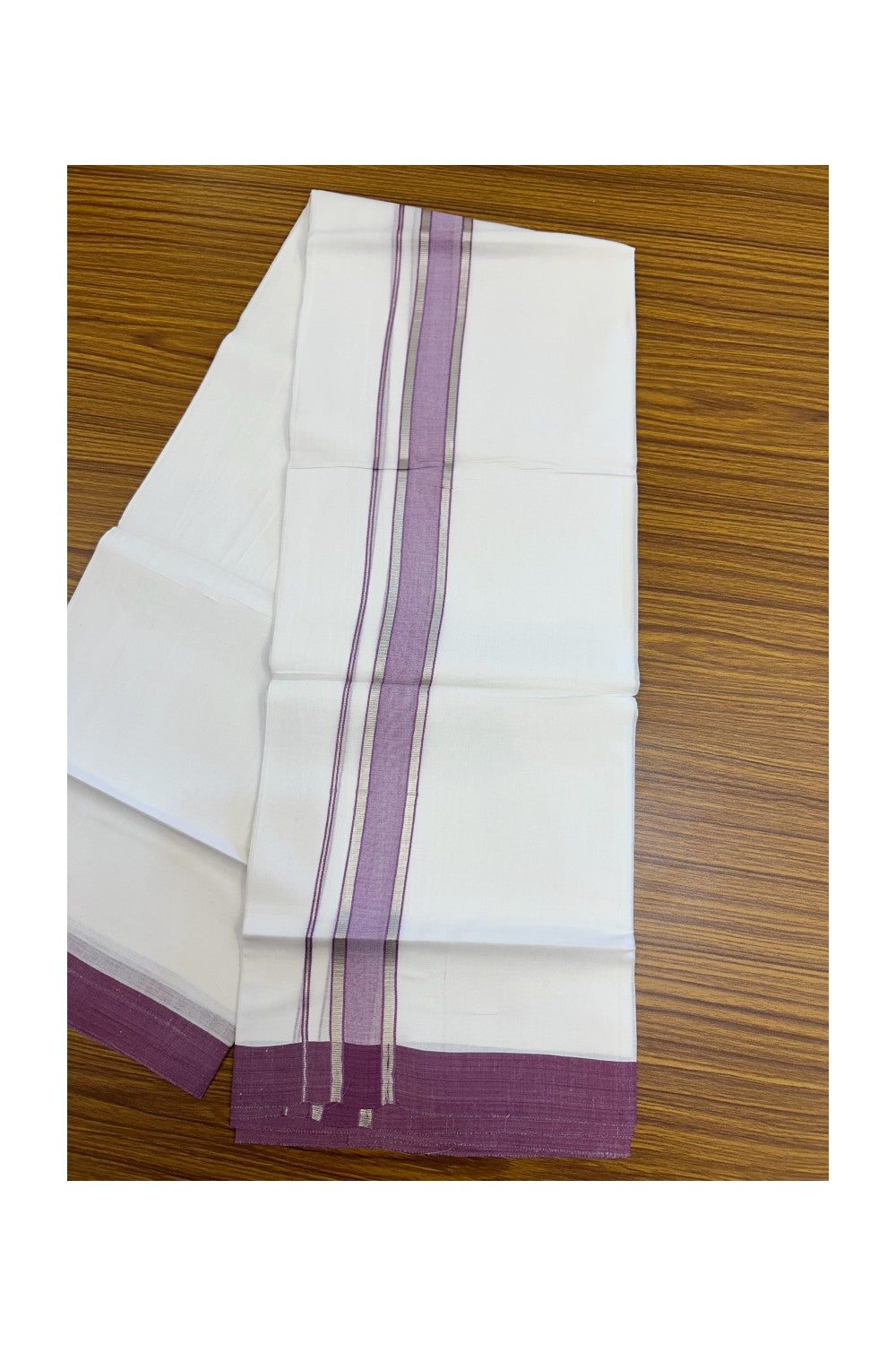 20% DISCOUNT! KaithariKada Balaramapuram 100% Cotton Double Pure white Mundu/Dhoti- 60s - 1.5 inch Silver Kasavu & Dusty Violet Shaded Kara - 3.86mtr ( 8 muzham) - 25KK5227 PMC