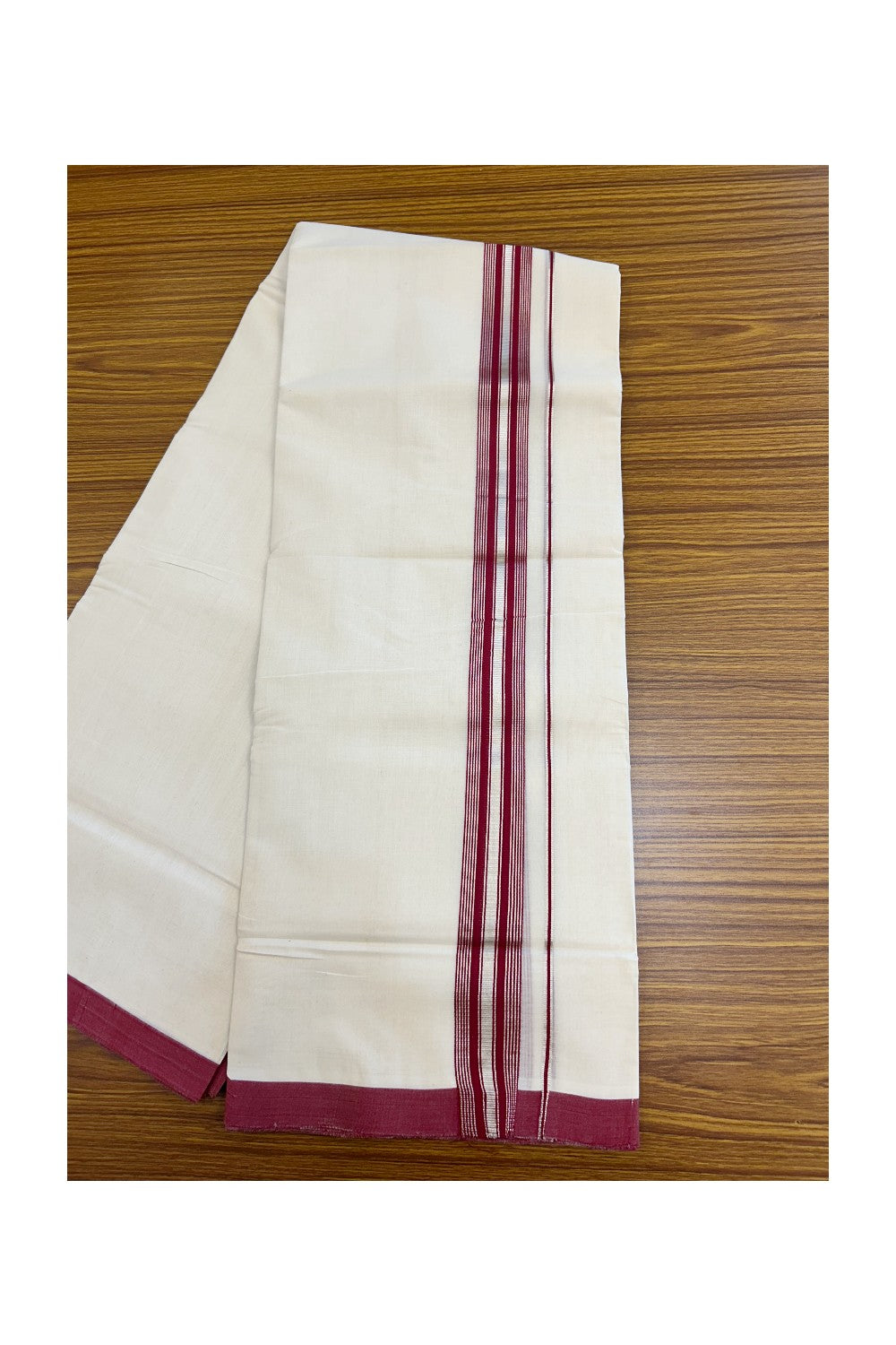 25% Discount!!! KaithariKada HANDLOOM MILLPAAV Balaramapuram - 100% PURE Cotton OFF WHITE (Unbleached) Double Mundu/Dhoti - 80x90 - 1.5 inch Silver kasavu Maroon striped kara 4 Mtr (8.5 Muzham) - 25KK5235 YAR