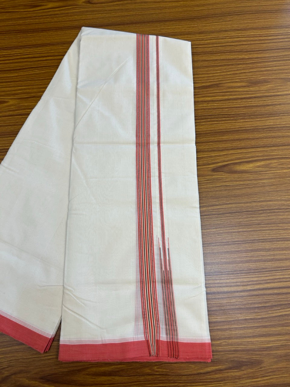 25% DISCOUNT!! KaithariKada HANDLOOM UNAKKUPAAV Balaramapuram - 100% PURE Cotton OFF White - (Unbleached) Double Mundu/Dothi - 100 x 80 - Pink Red Black Cream Chutty Kara - 3.85meter - 25 KK5249 REA