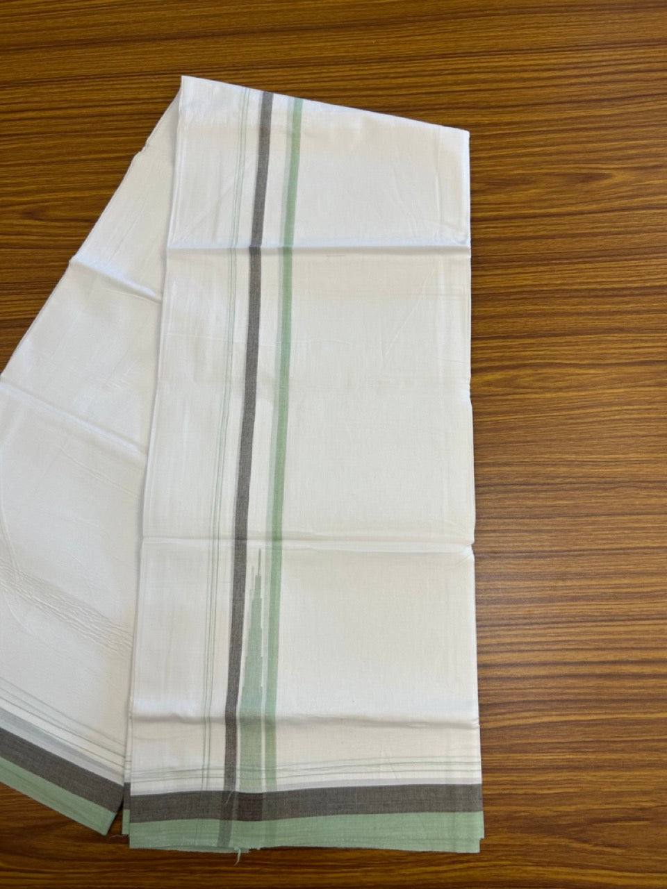 20% Discount ! NEW! KaithariKada Balaramapuram 100% Cotton Pure white Double Mundu/Dhoti - (100x80)s - 1.5 inch Light Green Brown chutty - 25 KK5249 VIN