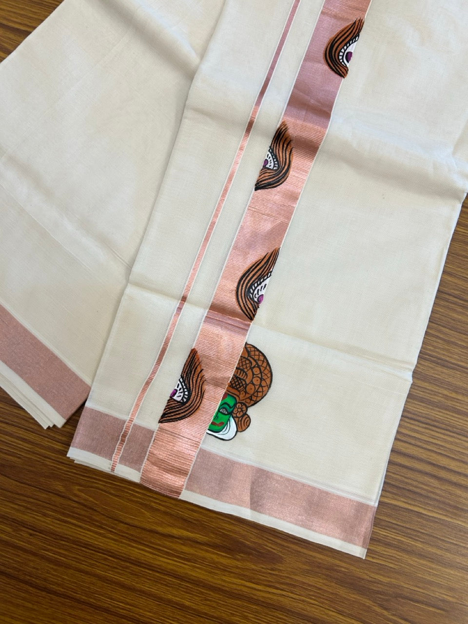 24% Discount! KaithariKada 100% Cotton Double Off white - (Ubleached) Mundu / Dhoti - 100x80 1.5 inch Copper Silver Kasavu & Hand Painted Kathakali Peacock - 25 KK5259 CKS