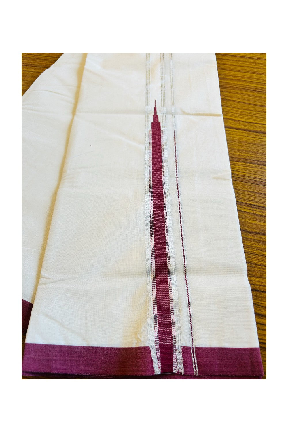 31% DISCOUNT! KaithariKada Balaramapuram 100% Cotton Double Off white - (Unbleached) Mundu/Dhoti-100x100 2 inch Chutty Heavy Designer Dark Maroon & SILVER Kasavu Kara - 25KK411ASH