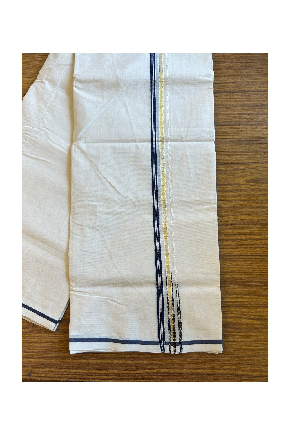 27% Discount Latest!! KaithariKada Balaramapuram 100% Cotton Off white (Unbleached) Double Mundu/Dhoti-100x100 1.cm Puliyilakkara Dark Blue Striped kara & Kasavu Double Chutty - 25KK455ASH