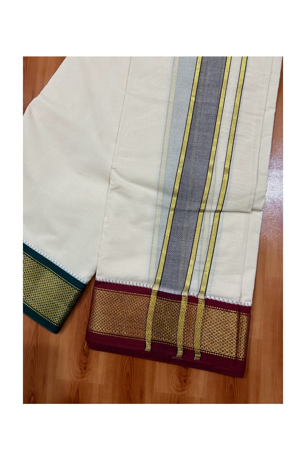 38% DISCOUNT! KaithariKada 100% Cotton Off White - (Unbleached) 100x100 thread - NORTH INDIAN - ATTACHED GAMCHA 9X5 Dhoti 2.75 inch Purple kara with Maroon &Green Kasavu border - 25KK5005PMC