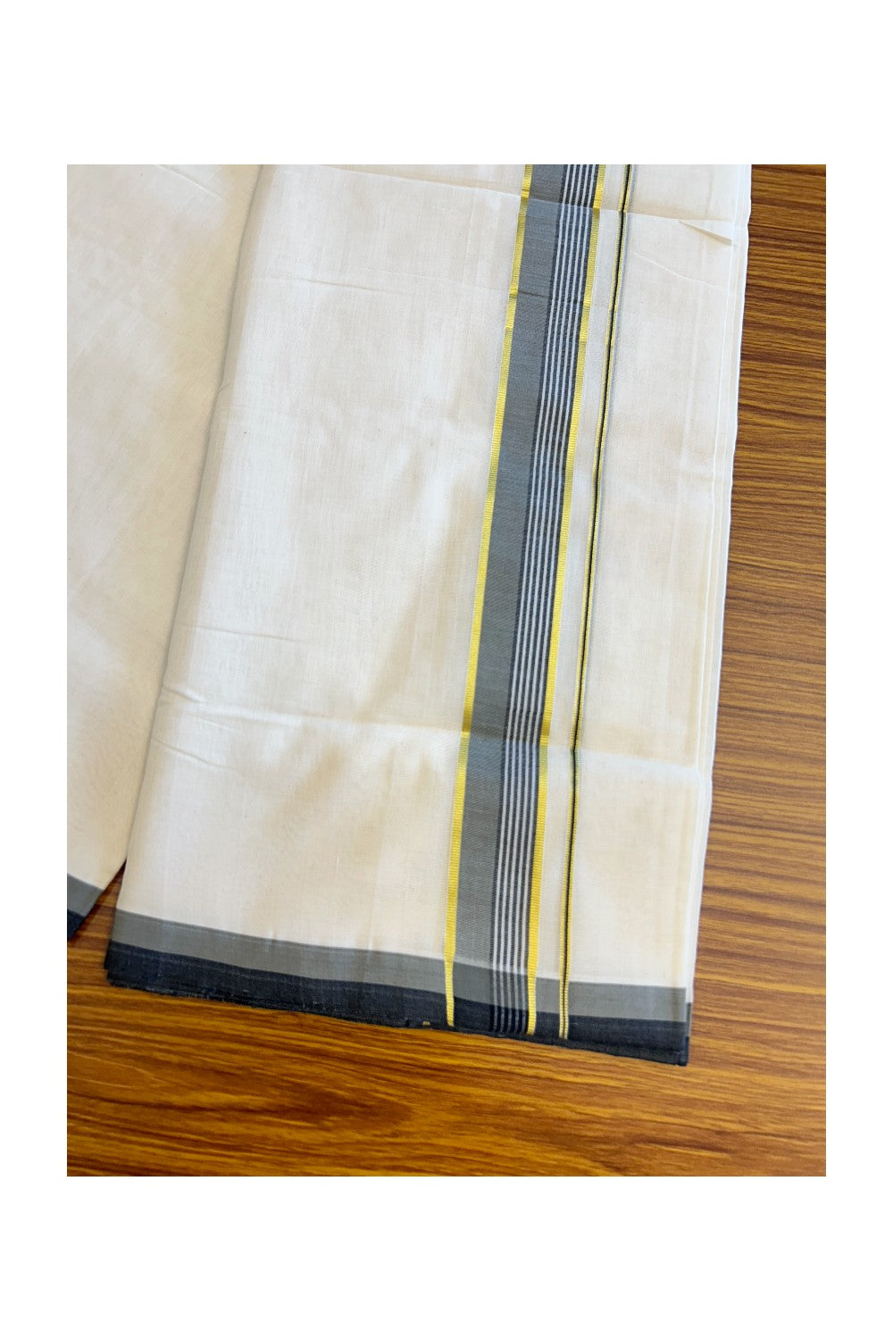 30% Discount KaithariKada HANDLOOM Unakkupaav Balaramapuram - 100% PURE Cotton Off White (Unbleached) Double Mundu/Dhoti - 2 inch Kasavu & Olive Ash Stripes-207