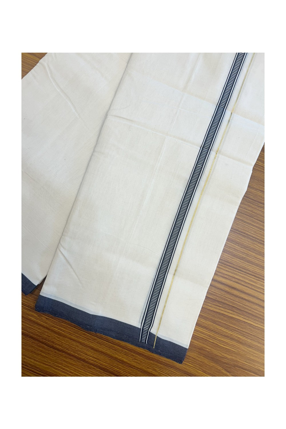 25% DISCOUNT!! KaithariKada HANDLOOM UNAKKUPAAV Balaramapuram - 100% PURE Cotton OFF White - (Unbleached) Double Mundu/Dothi - 80x100 - PURE JERRY 0.5 inch Navy blue pattern kara 3.80 meter (8.5 Muzham) - 28KK5167REA