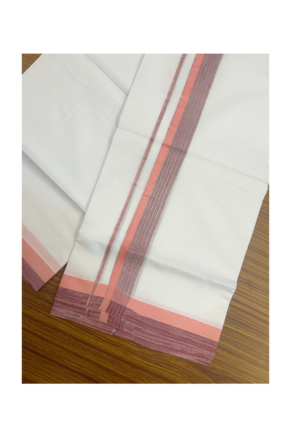 20% Discount ! KaithariKada Balaramapuram 100% Cotton Double Pure White Mundu/Dhoti - 100X80 - 1.5 inch Silver kasav Peach Pink & Maroon Shaded Stripes kara - 24KK5172PMC