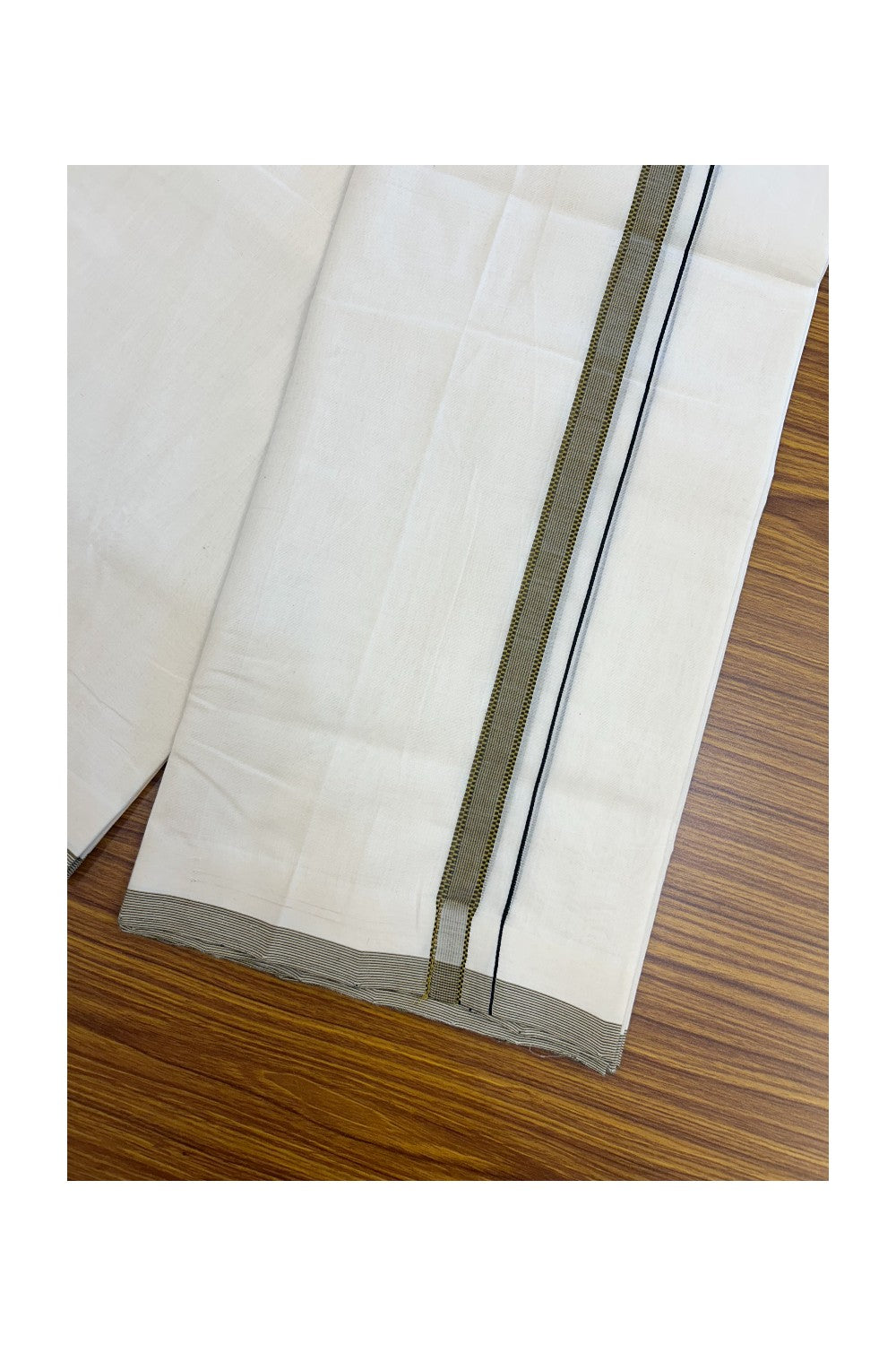 25% DISCOUNT!! KaithariKada HANDLOOM UNAKKUPAAV Balaramapuram - 100% PURE Cotton OFF White - (Unbleached) Double Mundu/Dothi - 80X100 - 0.75 inch Mustard Yellow & Black Striped Kara 3.80 meter (8.5 Muzham) - 25KK5209 REA