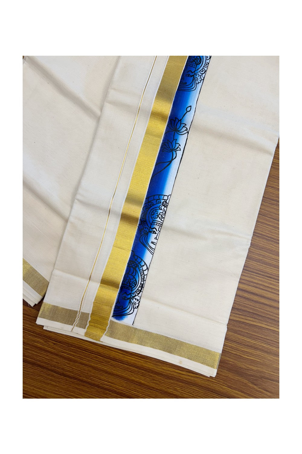 29% Discount! KaithariKada Balaramapuram 100% Cotton off white Double - (Unbleached) Mundu/Dhoti- 80x90 - Gold Kasavu HAND PAINT Dark Blue & Sky Blue Kathakali Flower Pattern 2.25 inch Kara - 25KK5212 VIN
