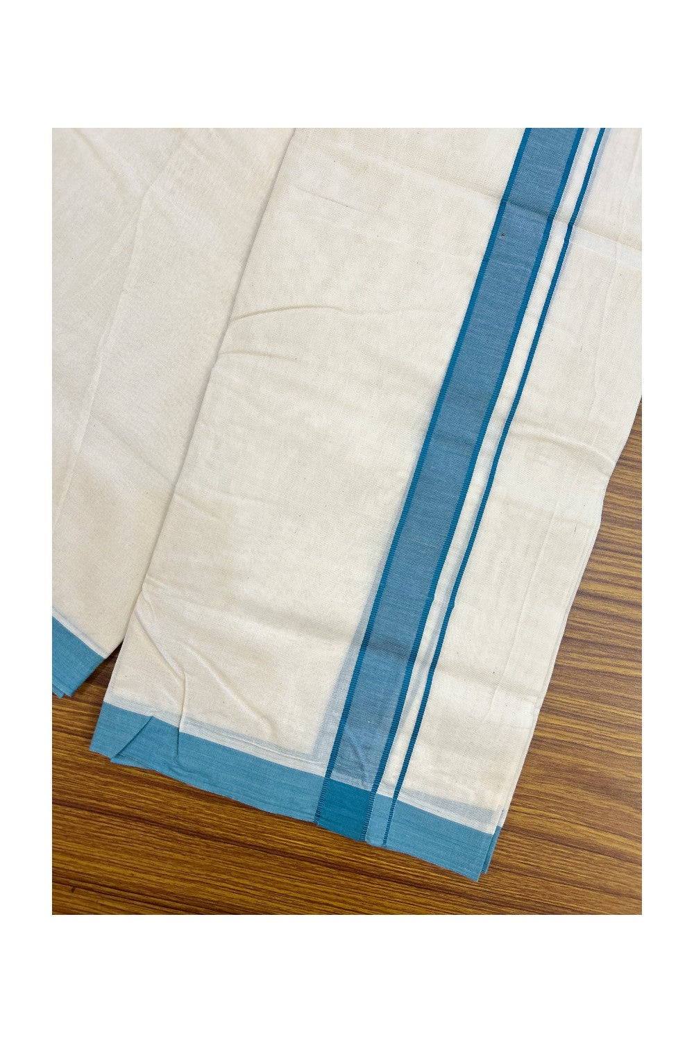 NEW !! 20% DISCOUNT!! KaithariKada Balaramapuram 100% Cotton Double Off white - (Unbleached) Mundu/Dhoti-100x80 - 1.25 inch Teal Blue Shaded KARA - 3.75 mtr (8 Muzham) - 25KK5218 ASH