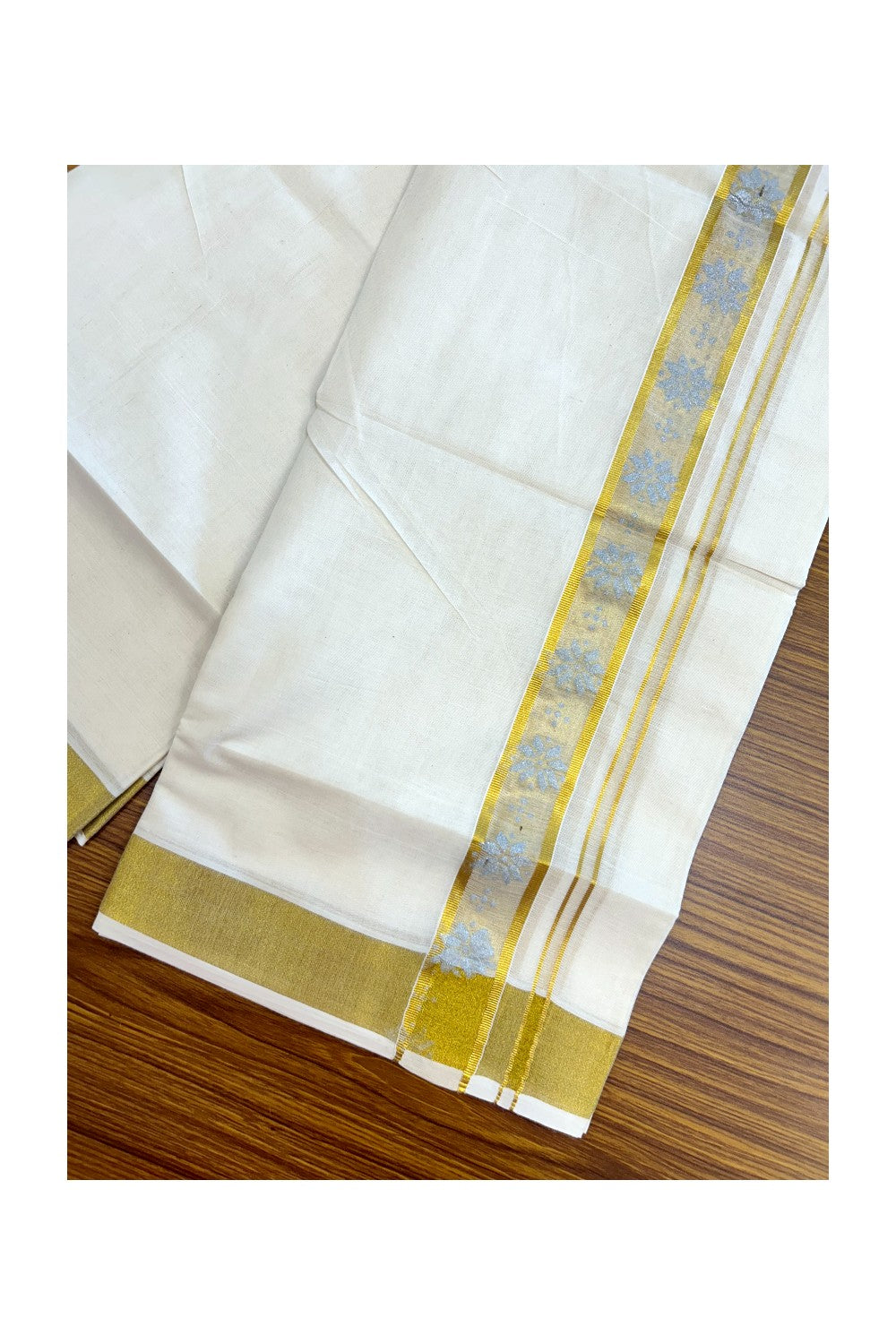 22% Discount!! KaithariKada Balaramapuram 100% Cotton DOUBLE OFF WHITE - (Ubleached) Mundu/Dhoti - 80x90 - 1.5 inch Gold Kasavu with Silver Floral Printed Design Kara - 25KK5219 GAN