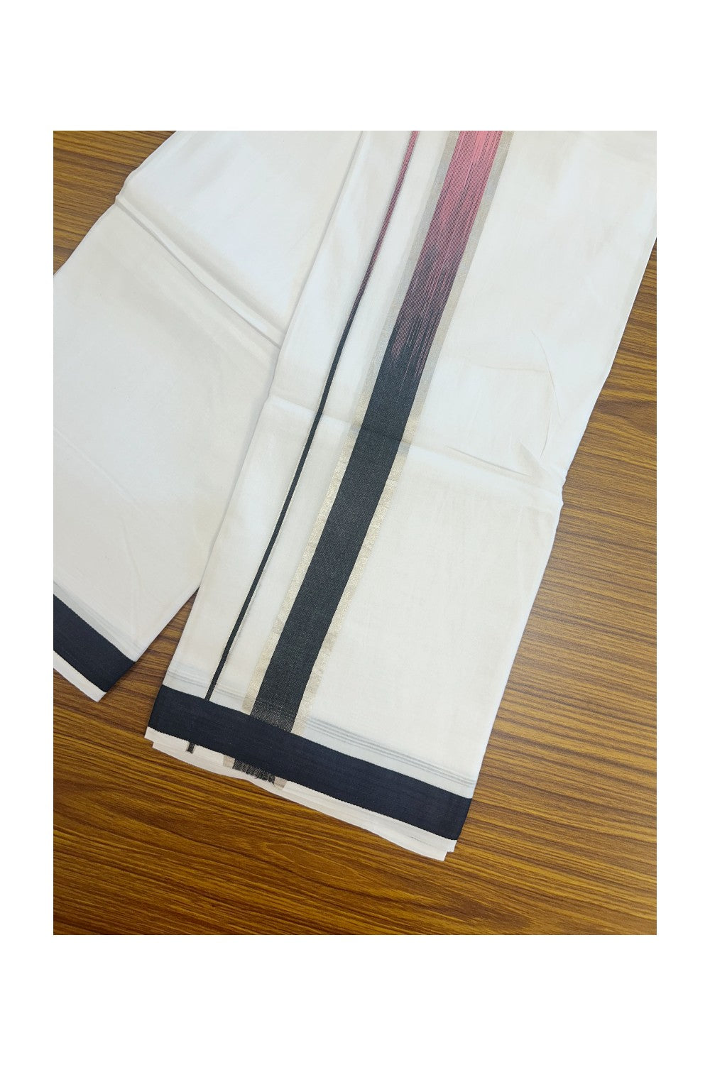 20% Discount!!! KaithariKada Balaramapuram Double PURE WHITE RAINBOW Mundu/Dhoti - 100X80 - 1.75 inch Silver Kasavu Pink & Black shaded Striped Designer Kara - 25KK5220 THI