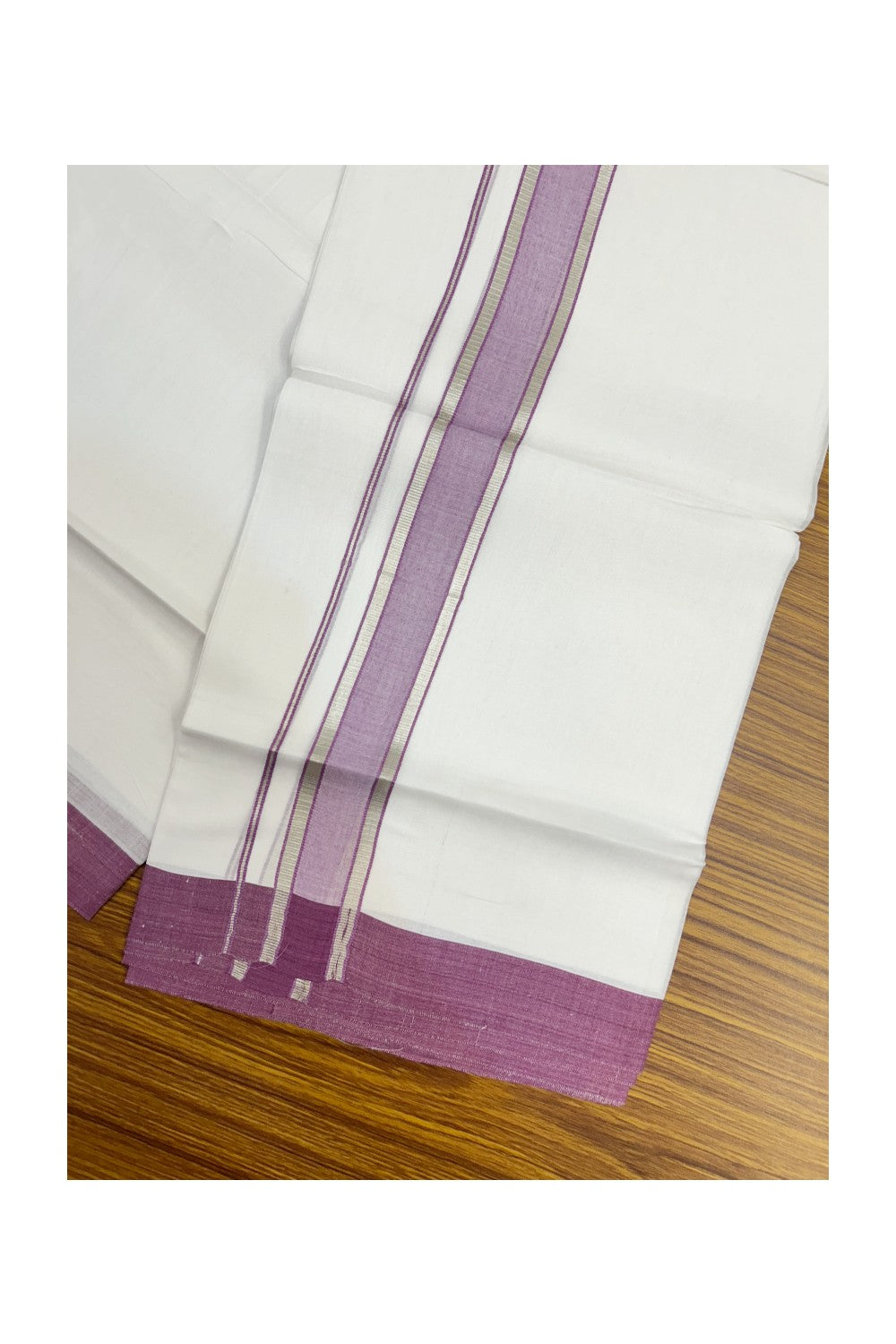 20% DISCOUNT! KaithariKada Balaramapuram 100% Cotton Double Pure white Mundu/Dhoti- 60s - 1.5 inch Silver Kasavu & Dusty Violet Shaded Kara - 3.86mtr ( 8 muzham) - 25KK5227 PMC