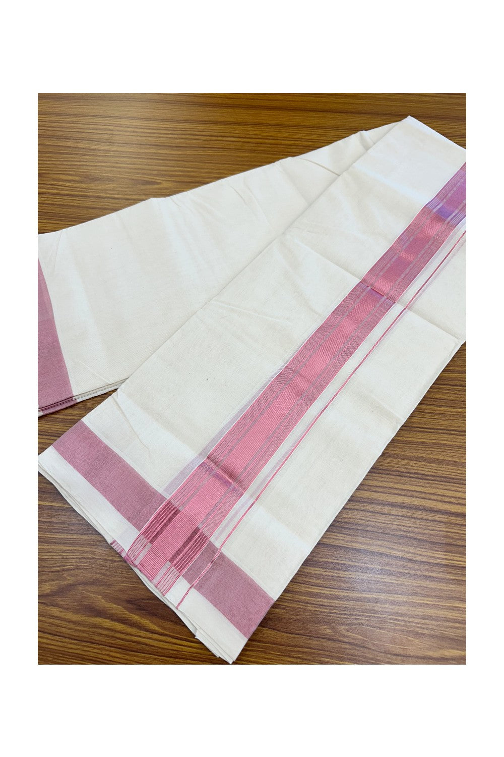 25% Discount!! KaithariKada Handlloom Millpaav Balaramapuram - 100% Pure Cotton Off White (Unbleached) Double Mundu/Dothi -80x90 - 1.75 inch Rose Pink Kasav Striped kara 4 mtr (8.5 muzham) - 25KK5234 RAM