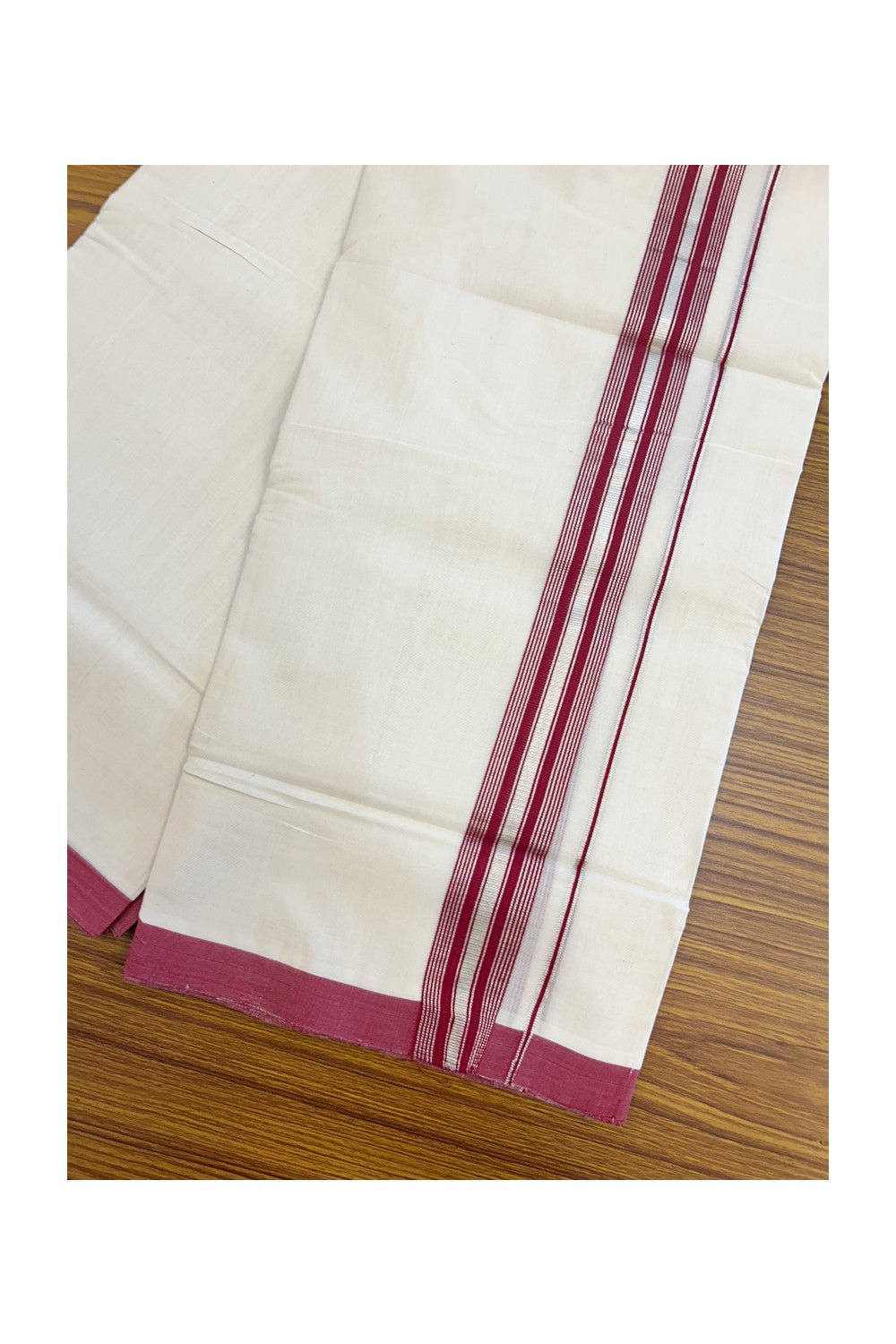 25% Discount!!! KaithariKada HANDLOOM MILLPAAV Balaramapuram - 100% PURE Cotton OFF WHITE (Unbleached) Double Mundu/Dhoti - 80x90 - 1.5 inch Silver kasavu Maroon striped kara 4 Mtr (8.5 Muzham) - 25KK5235 YAR