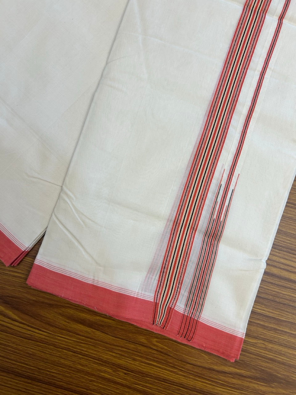 25% DISCOUNT!! KaithariKada HANDLOOM UNAKKUPAAV Balaramapuram - 100% PURE Cotton OFF White - (Unbleached) Double Mundu/Dothi - 100 x 80 - Pink Red Black Cream Chutty Kara - 3.85meter - 25 KK5249 REA