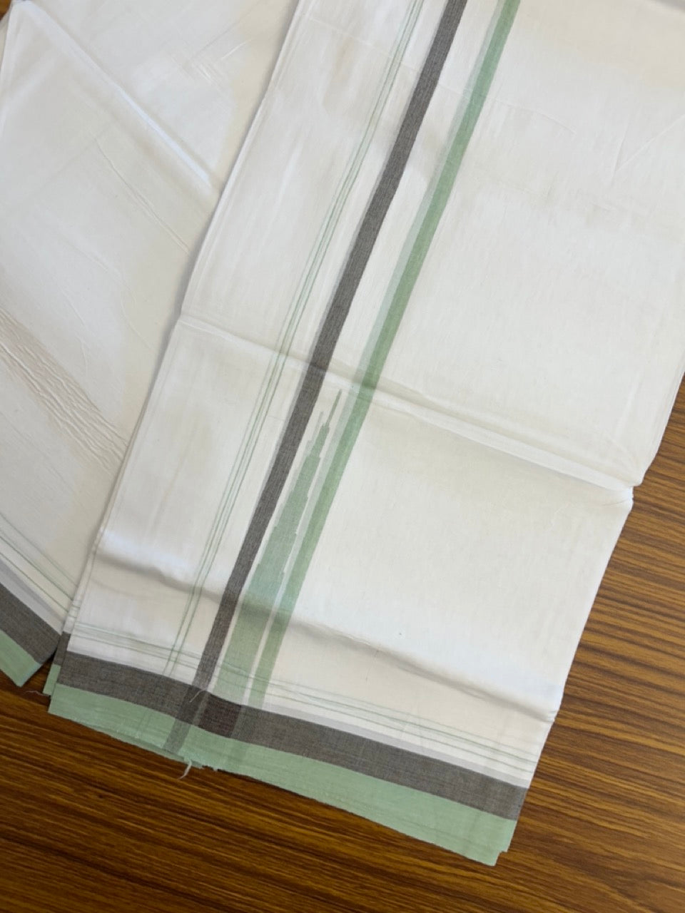 20% Discount ! NEW! KaithariKada Balaramapuram 100% Cotton Pure white Double Mundu/Dhoti - (100x80)s - 1.5 inch Light Green Brown chutty - 25 KK5249 VIN