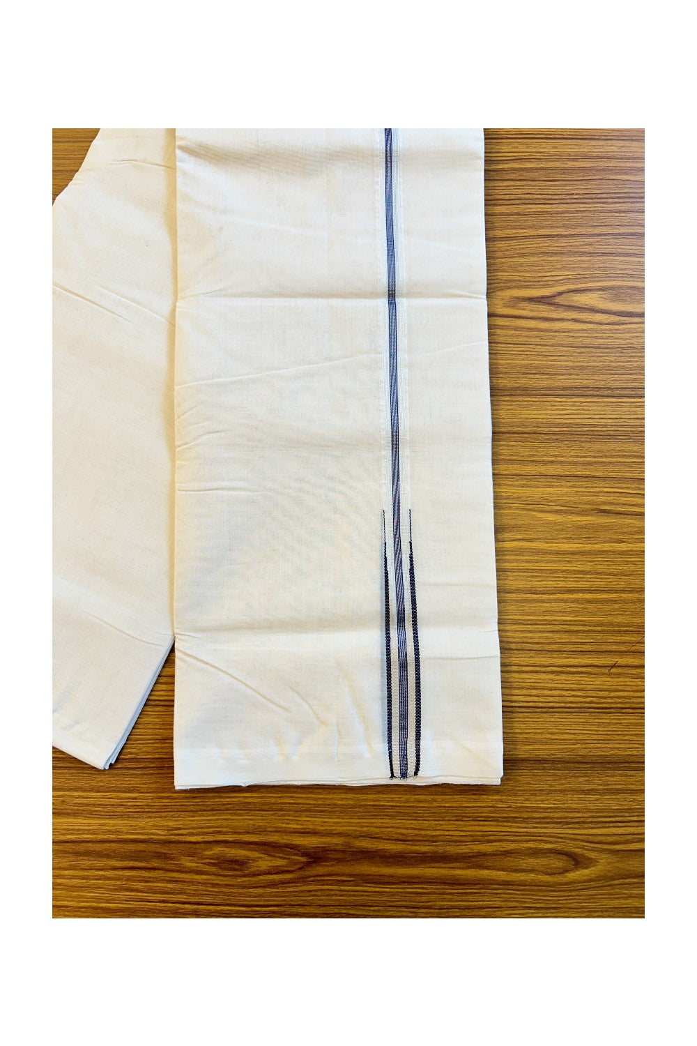 25% Discount! KaithariKada Balaramapuram Handloom Millpaav- 100% Pure Cotton Off white (Unbleached) Double Mundu/Dhoti - Silver black stripes Black & Cream chutty puliyilakkara - 25KK72RAM