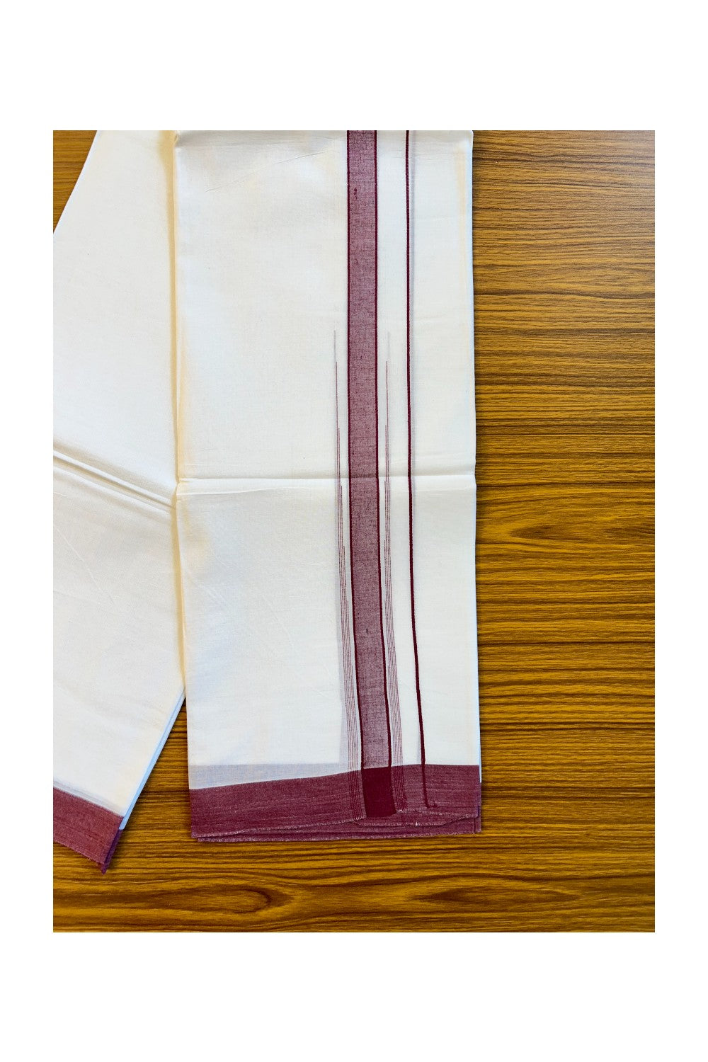 22% Discount!! Kaitharikada Balaramapuram 100% Cotton Pure White Double Mund/Dhoti-100x100 2 Inch Maroon Striped Cotton Kara 3.80m (8 Muzham) - 25KK74RAM