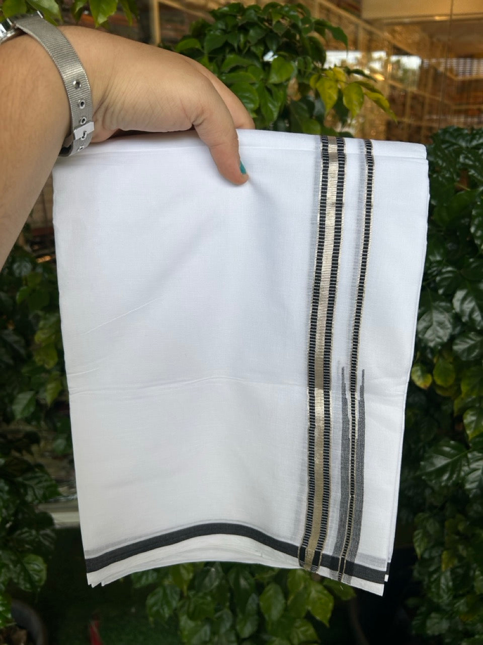 20% Discount ! NEW! KaithariKada Balaramapuram 100% Cotton Pure white Double Mundu/Dhoti - (100x80)s - 0.75 Black Chutty Silver Kasav - 26 KK5252 CKS