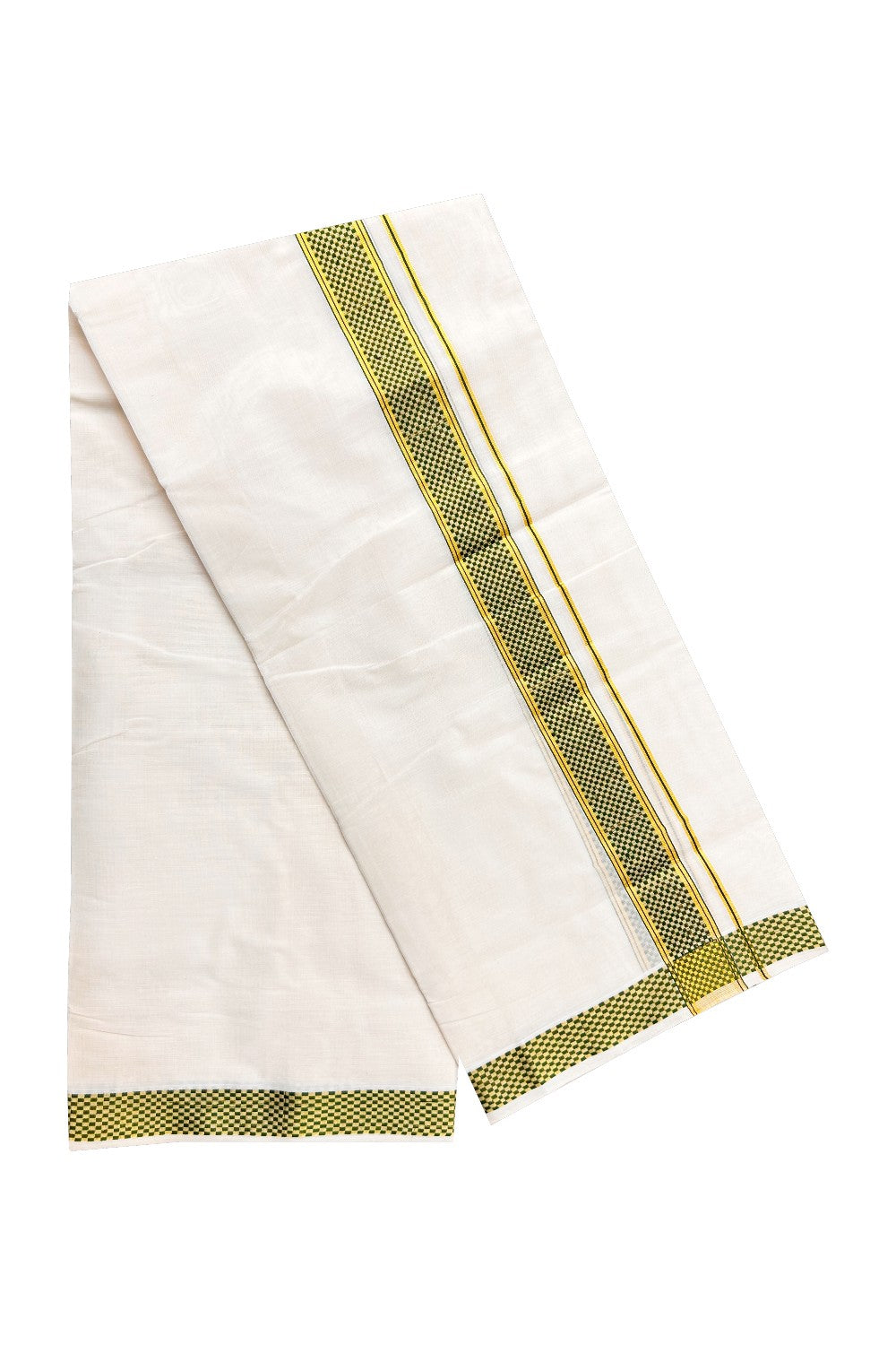 25% DISCOUNT ! KaithariKada HANDLOOM Unakkupaav Balaramapuram - 100% PURE Cotton 3.75 Meter Off White (Unbleached) Double Mundu/Dhoti - Green Check & KASAVU DESIGN 2.5 Inch KARA 3 mtr - ABH26