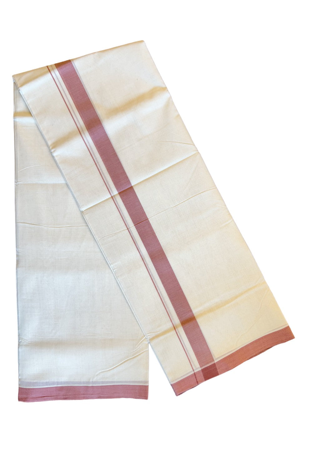 30% DISCOUNT!! KaithariKada HANDLOOM UNAKKUPAAV Balaramapuram - 100% PURE Cotton OFF White (Unbleached) Double Mundu/Dothi - 1.75 Inch Dark Peach Mulloth Kara - 26KK456KK