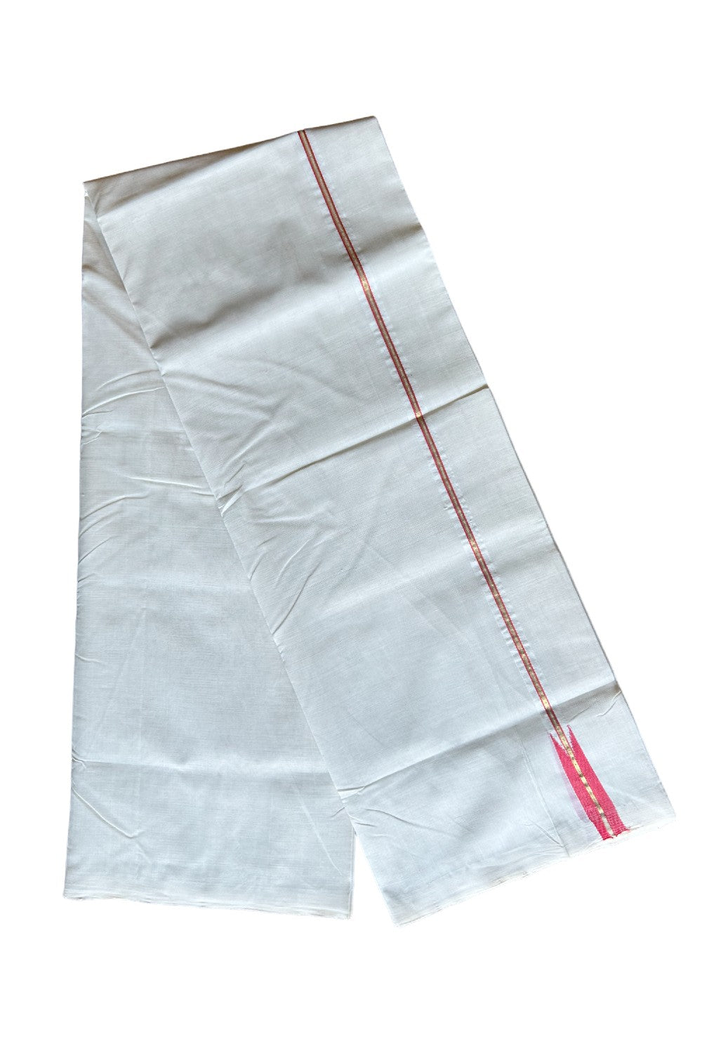 30% DISCOUNT!! KaithariKada HANDLOOM UNAKKUPAAV Balaramapuram - 100% PURE Cotton OFF White - (Unbleached) Double Mundu/Dothi - 0.75 inch Puliyilakkara Kasavu Red chutty - 26KK462RAM