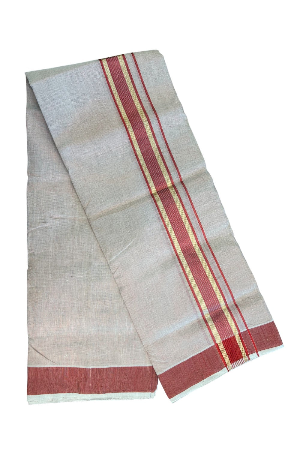 25% DISCOUNT! KaithariKada HANDLOOM MILLPAAV Balaramapuram - 100% PURE Cotton Off White (Unbleached) - Double Mundu/Dhoti - 2 inch Gold Kasavu striped kara & Dark Red Tissue Body - 23KK5170RAM