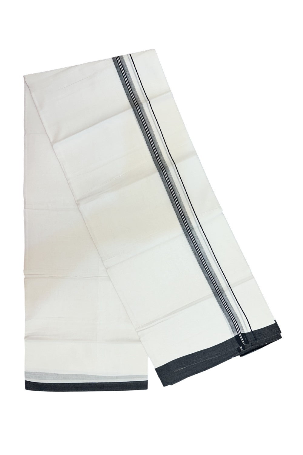 20% Discount!!! KaithariKada Balaramapuram DOUBLE PURE WHITE Mundu/Dhoti - 100X80 - 0.75 inch Black Striped & Shaded Designer Kara - 26KK5191CKS