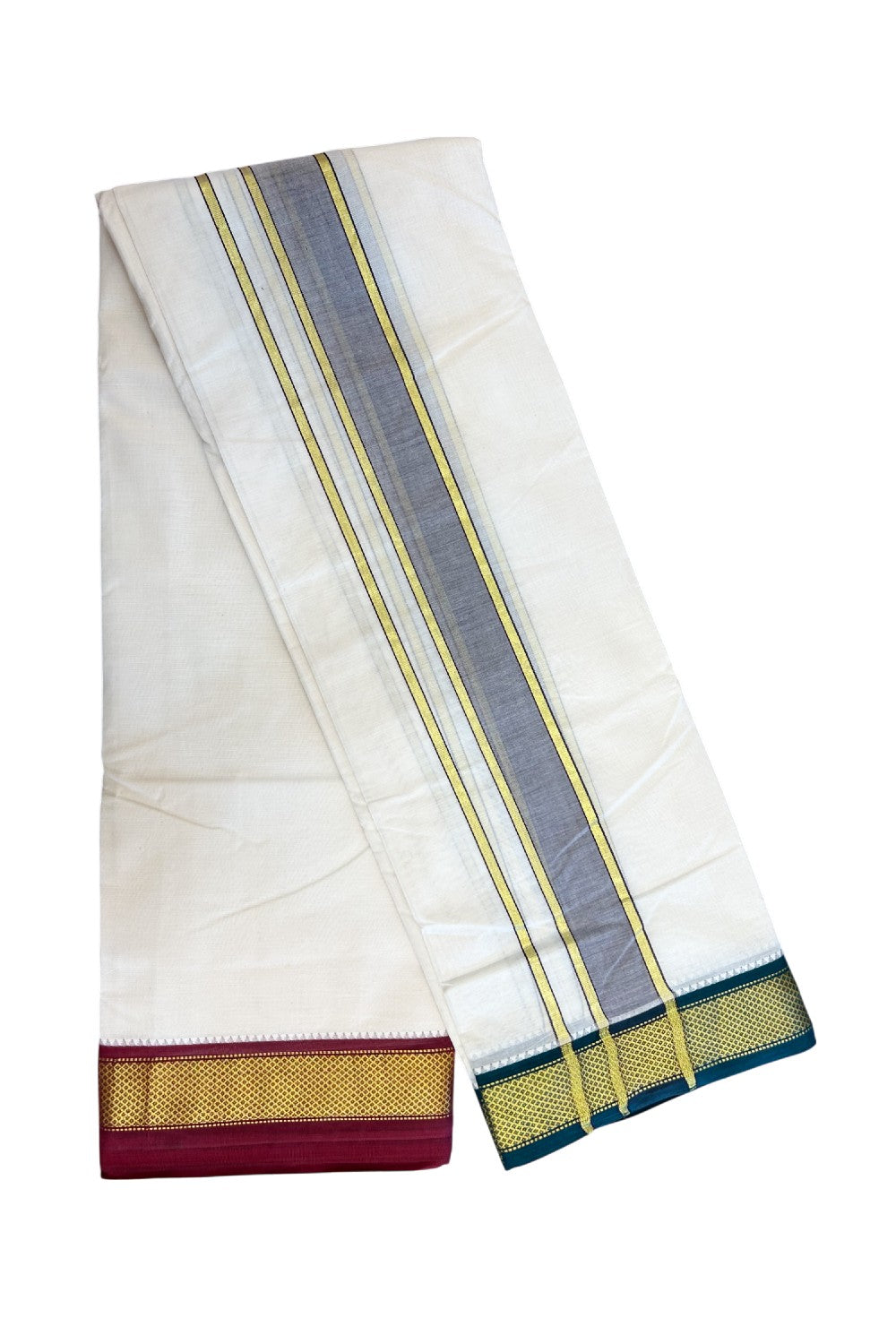 20% DISCOUNT! KaithariKada 100% Cotton Off White - (Unbleached) 100x100 thread - NORTH INDIAN- ATTACHED GAMCHA 10X6 Dhoti 2 inch Violet kara with Maroon & Dark Green Kasavu border - 26KK5196PMC
