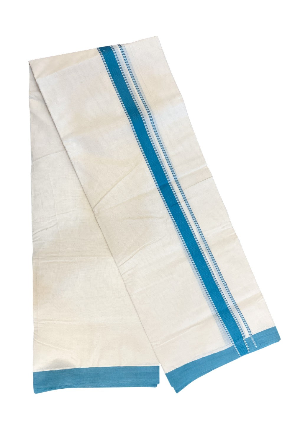 NEW !! 20% DISCOUNT!! KaithariKada Balaramapuram 100% Cotton Double Off white - (Unbleached) Mundu/Dhoti-100x80 - 1 inch Teal Blue Striped KARA - 3.75 mtr (8 Muzham) - 26KK5218 ASH