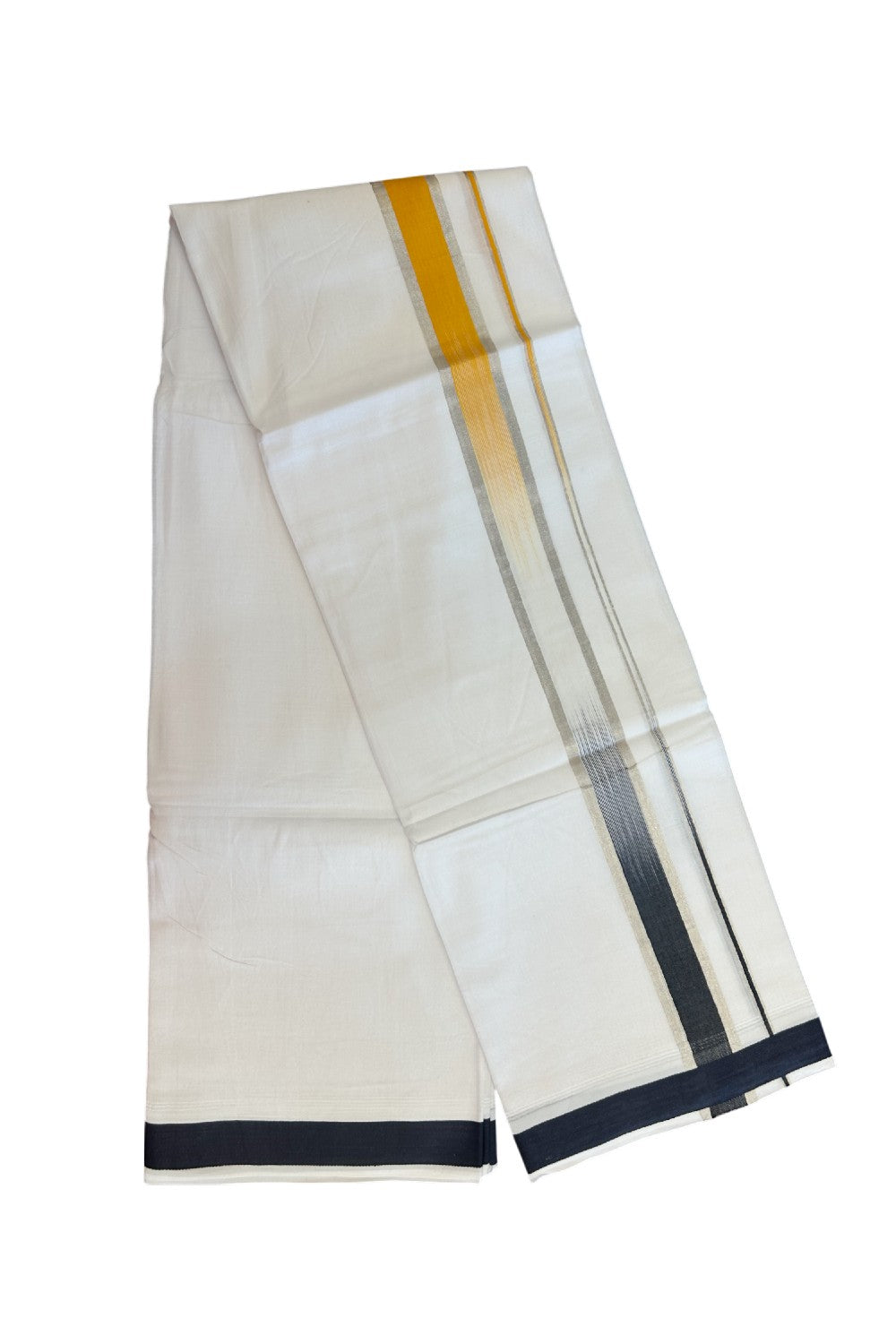 20% Discount!!! KaithariKada Balaramapuram Double PURE WHITE RAINBOW Mundu/Dhoti - 100X80 - 1.5 inch Silver Kasavu Orange Yellow & Black shaded Striped Designer Kara - 26KK5220 THI
