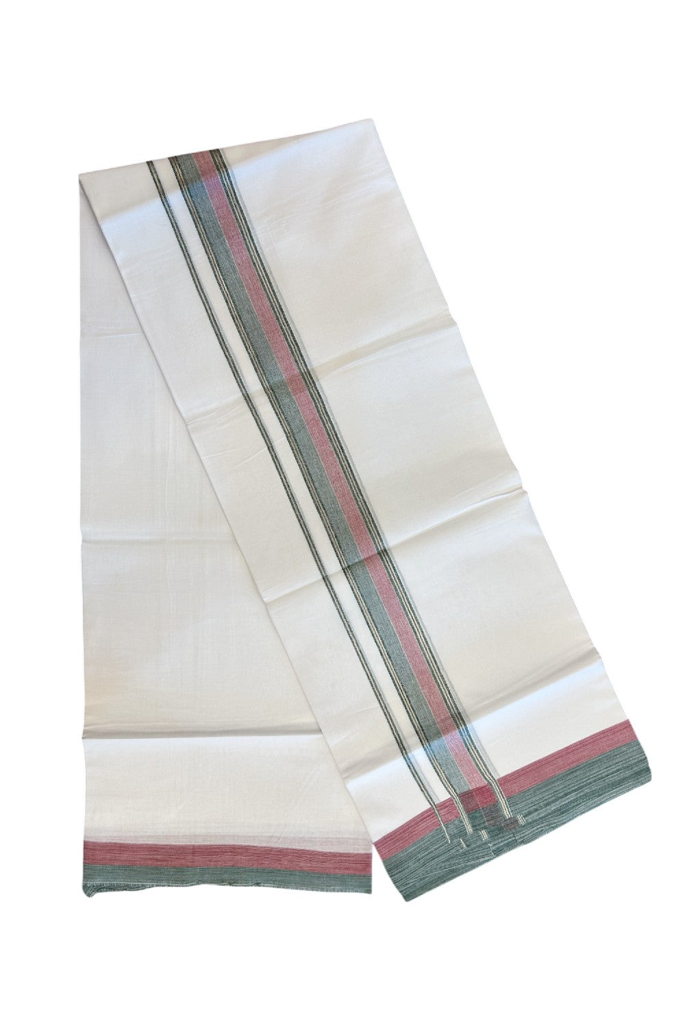 20% DISCOUNT! KaithariKada Balaramapuram 100% Cotton Double Pure white Mundu/Dhoti- 100x80 - 1.5 inch Silver Kasavu Green & Maroon Shaded Striped Kara - 3.84mtr ( 8 muzham) - 26KK5227 PMC