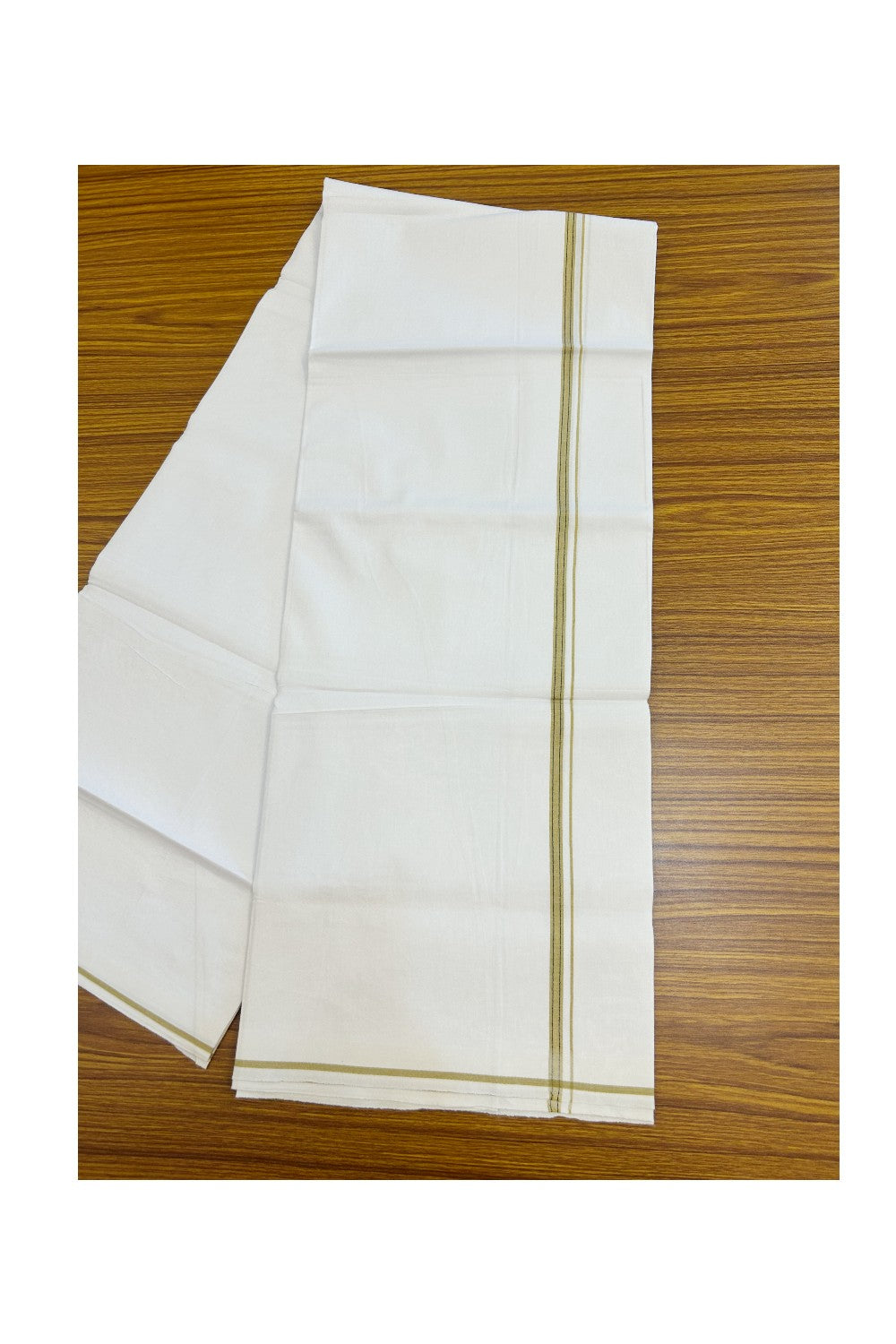 24% Discount !! KaithariKada Balaramapuram 100% Cotton Pure white Single Mundu/Dhoti - Twisted 60s Thread- 0.25 inch Brownish Yellow & Navy Blue Striped Kara (2 meter / 4 muzham) - 26KK5241 GL