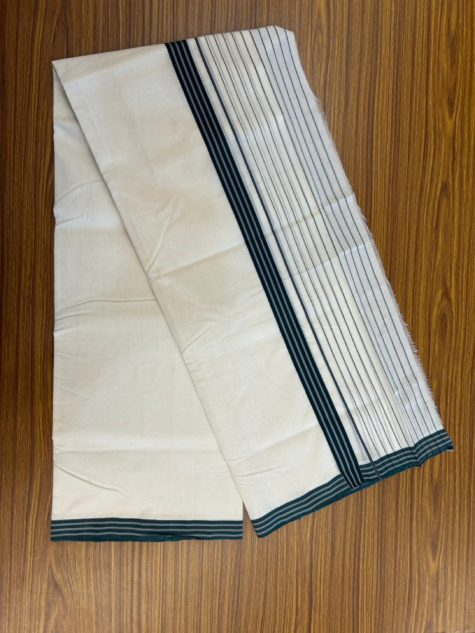 25% DISCOUNT!! KaithariKada HANDLOOM UNAKKUPAAV Balaramapuram - 100% PURE Cotton OFF White - (Unbleached) Double Mundu/Dothi - 100 x 80 - 1 inch Green Ash Side Stripes Kara 3.80 meter & 4 Meter - 26 KK5249 REA