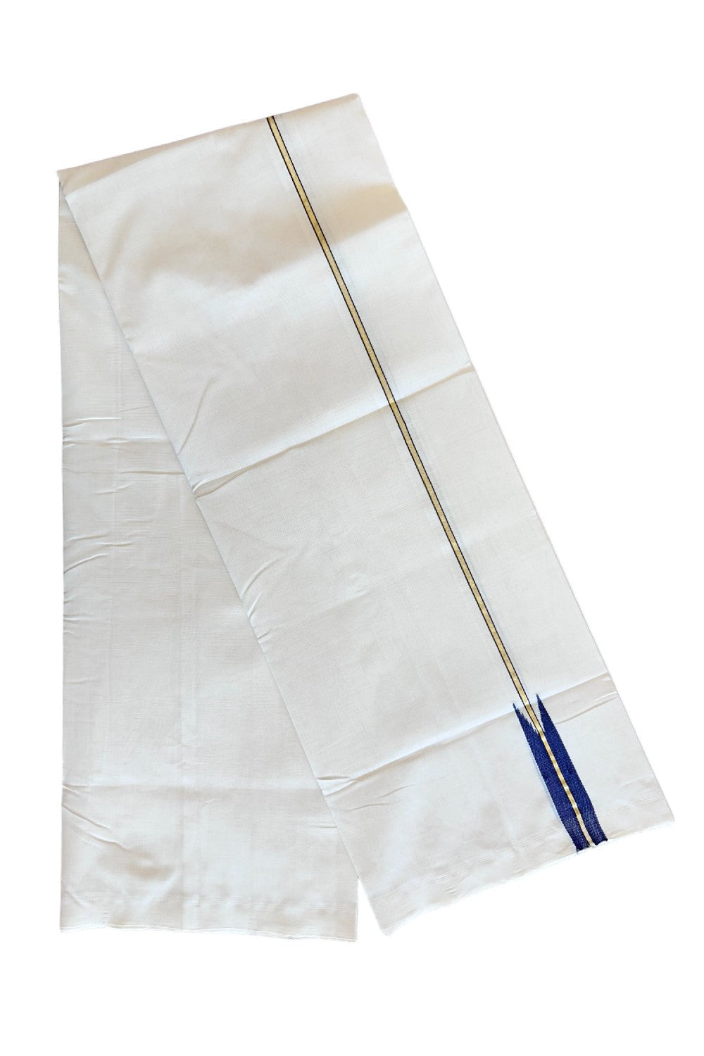 30% DISCOUNT!! KaithariKada HANDLOOM UNAKKUPAAV Balaramapuram - 100% PURE Cotton OFF White (Unbleached) Double Mundu/Dothi - Kasavu Deep Blue Chutty Puliyilakkara-26KK56RAM