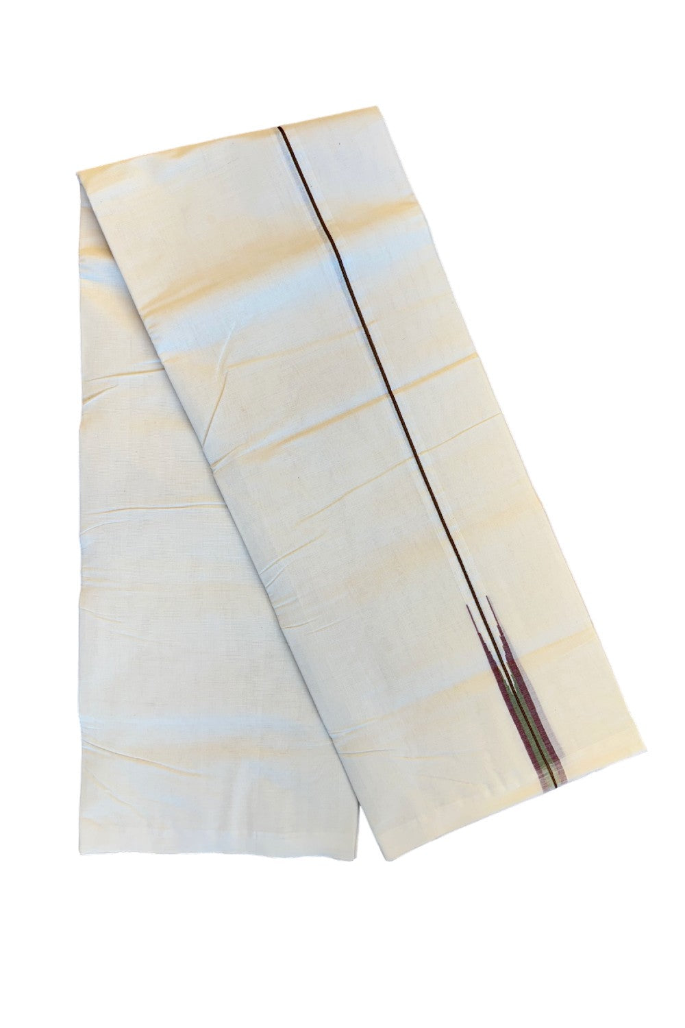 25% Discount!! KaithariKada Handloom Millpaav Balaramapuram - 100% Pure Cotton Off White (Unbleached) Double Mundu/Dothi - Maroon & parrot green striped puliyilakkara chutty- 26KK86RAM
