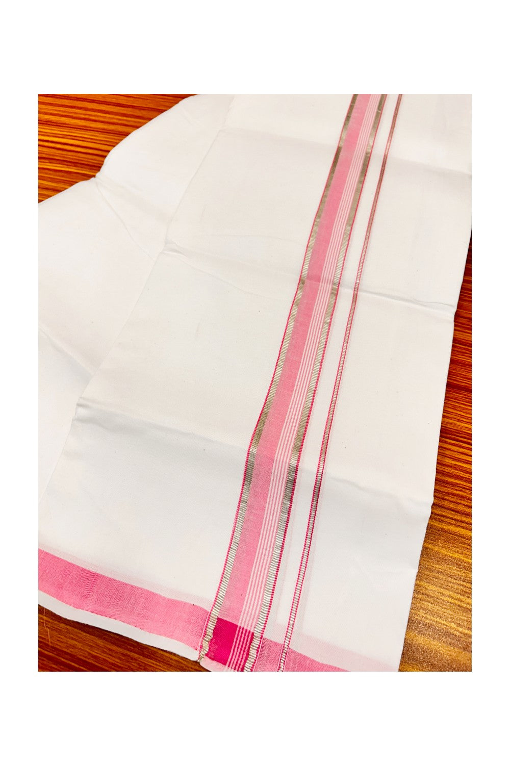 30% OFFER! KaithariKada 100% Cotton Balaramapuram HANDLOOM Single PURE WHITE Mundu/Dhoti - 2 inch (2 meter / 4 muzham) Pink Silver Kasavu Kara & White Stripes Design - 26KAI.