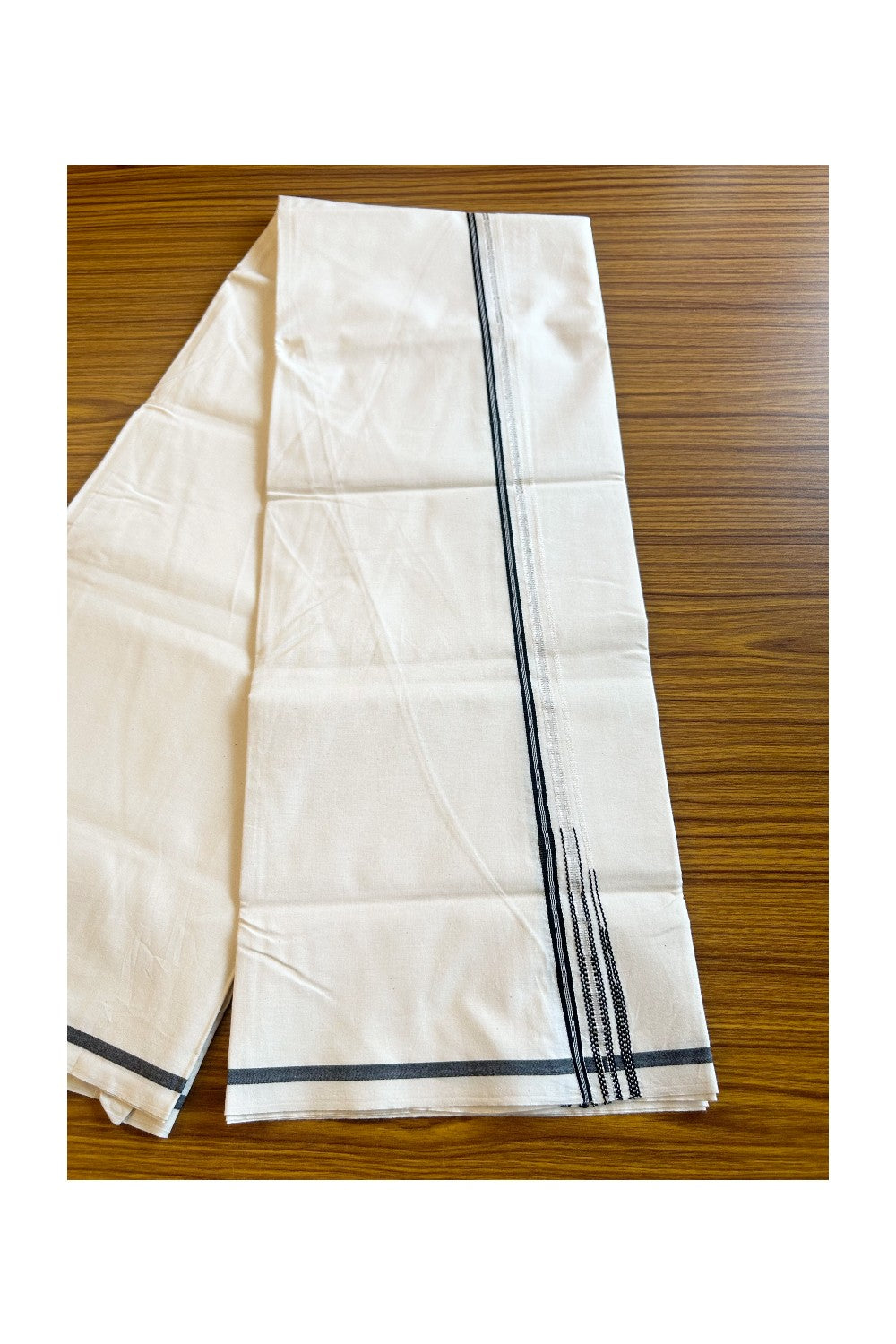 28% DISCOUNT ! KaithariKada Balaramapuram 100% COTTON SINGLE OFF WHITE - (Unbleached) Mundu/Dhoti-100X100- 0.25 Inch double chutty Black & Silver Kasavu Puliyilakkara Stripes(2 meter / 4 muzham) - 26KK411ASH