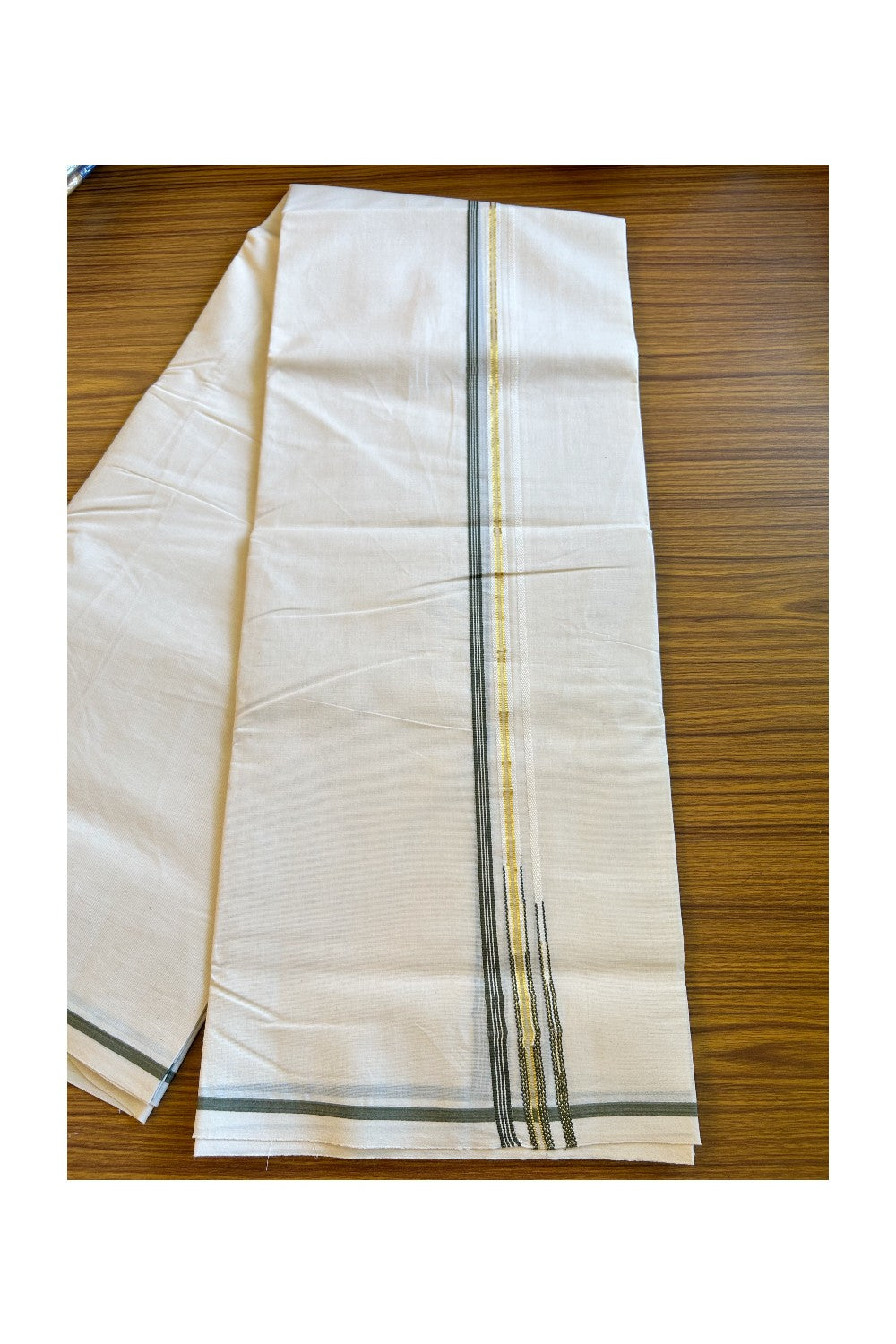 27% Discount Latest!! KaithariKada Balaramapuram 100% Cotton Off white (Unbleached) Double Mundu/Dhoti-100x100 1.cm Puliyilakkara Sage Green Striped kara & Kasavu Double Chutty - 26KK455ASH