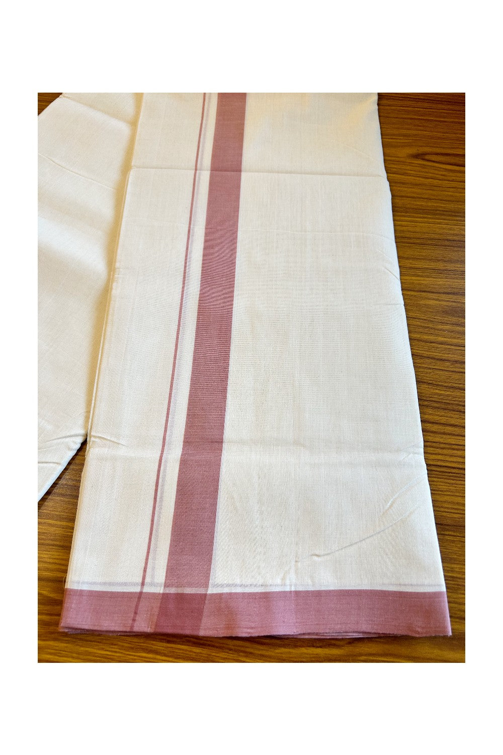 30% DISCOUNT!! KaithariKada HANDLOOM UNAKKUPAAV Balaramapuram - 100% PURE Cotton OFF White (Unbleached) Double Mundu/Dothi - 1.75 Inch Dark Peach Mulloth Kara - 26KK456KK