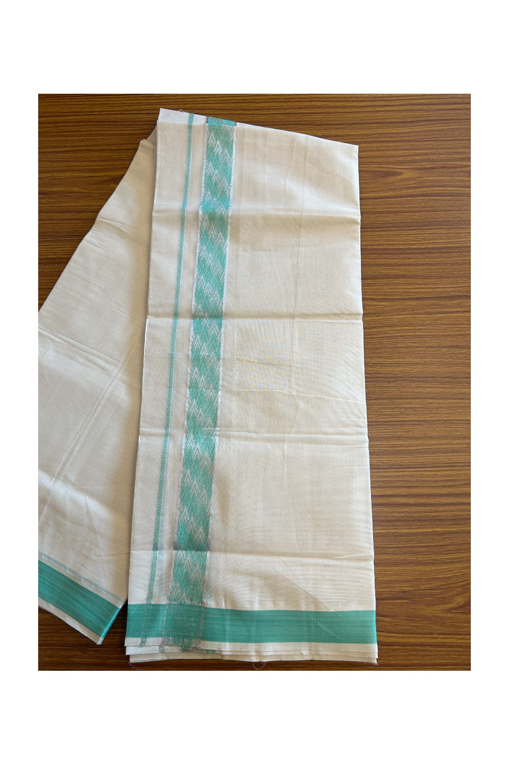 20% DISCOUNT ! KaithariKada Balaramapuram 100% Cotton Double off white (Unbleached) Mundu/Dhoti - 100X90 - 2.25 inch Silver kasavu & Turquoise Green design kara - 26KK5113PMC