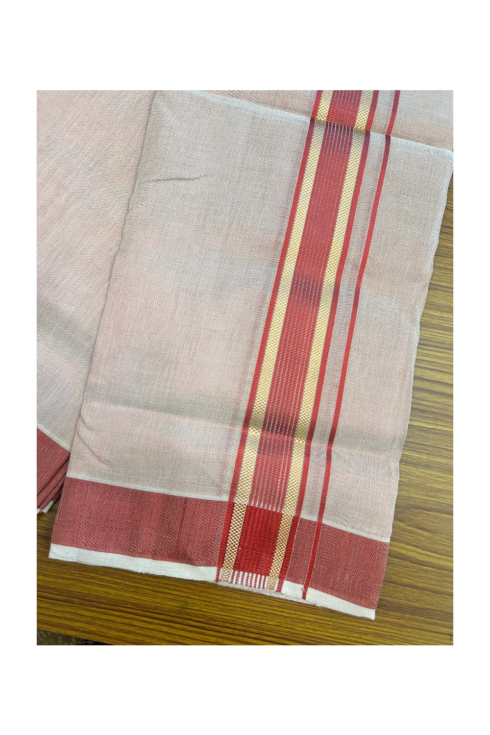 25% DISCOUNT! KaithariKada HANDLOOM MILLPAAV Balaramapuram - 100% PURE Cotton Off White (Unbleached) - Double Mundu/Dhoti - 2 inch Gold Kasavu striped kara & Dark Red Tissue Body - 23KK5170RAM